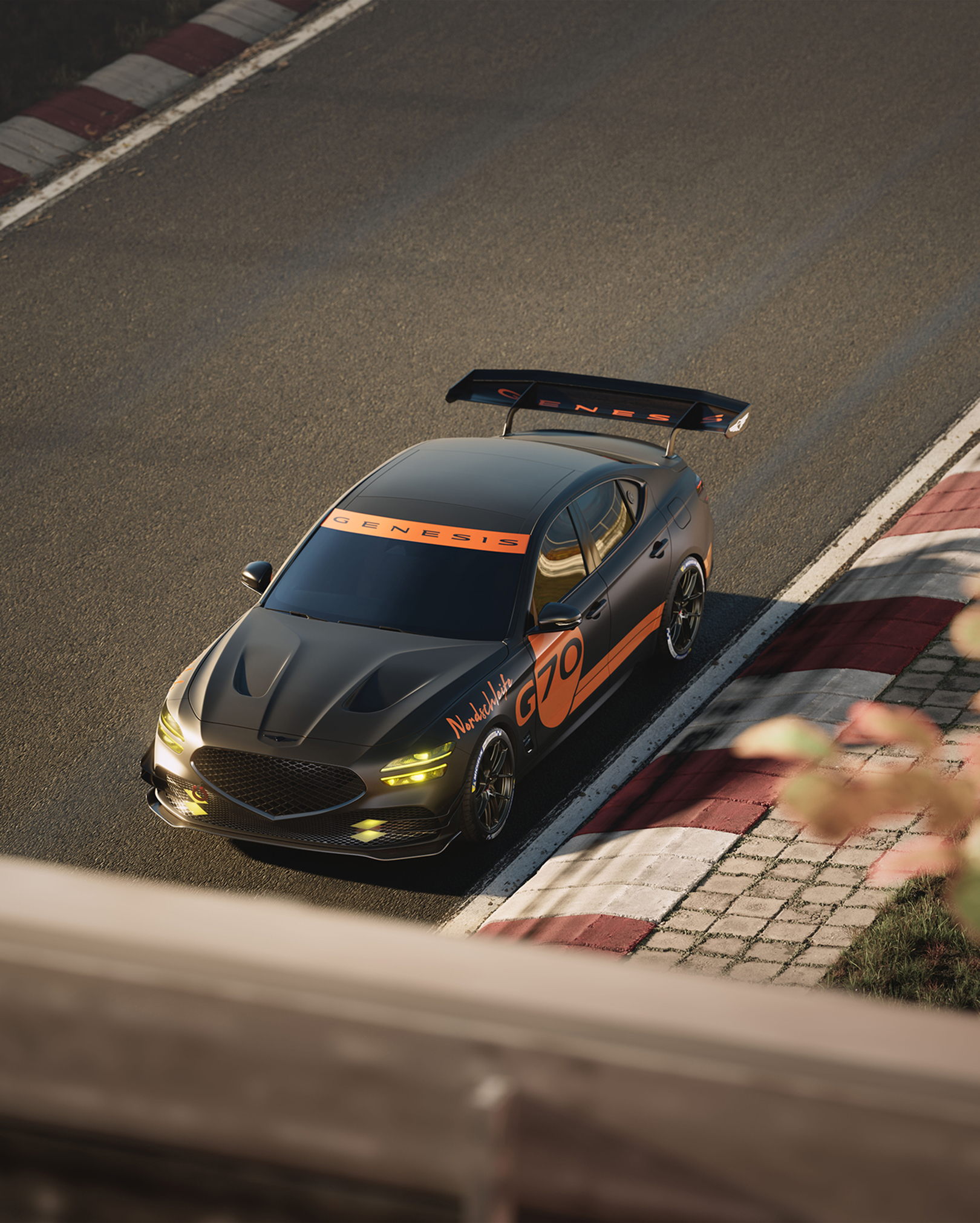 Vue aérienne de la G70 Track Day Special sur la piste.