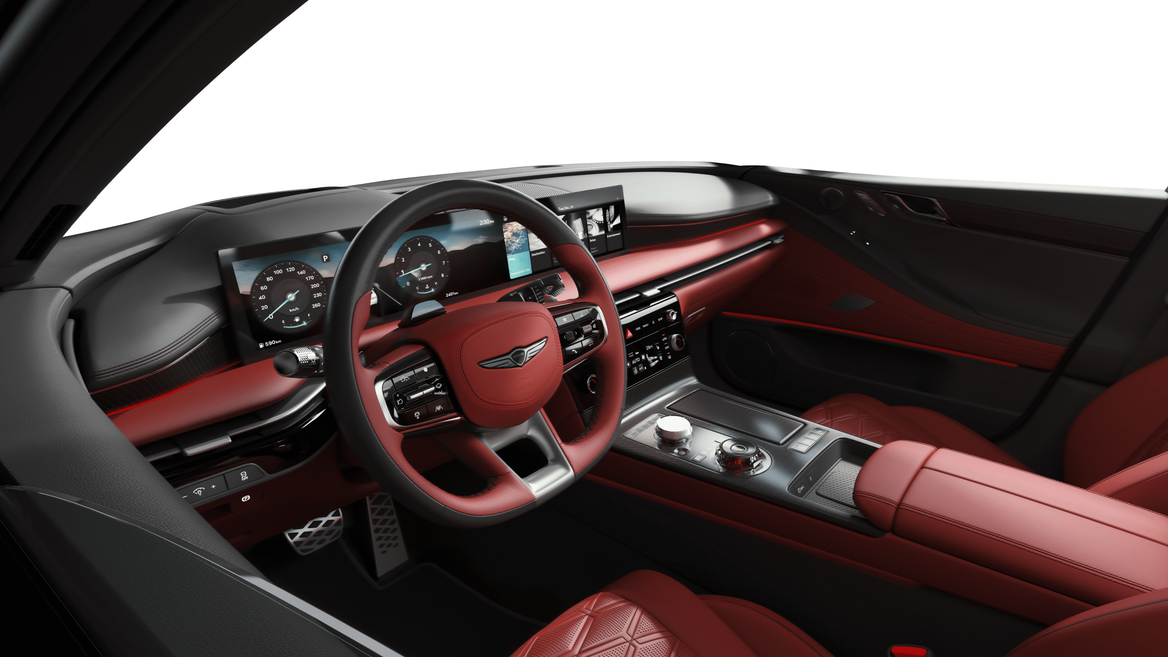The full front row is shown from the driver's seat.  