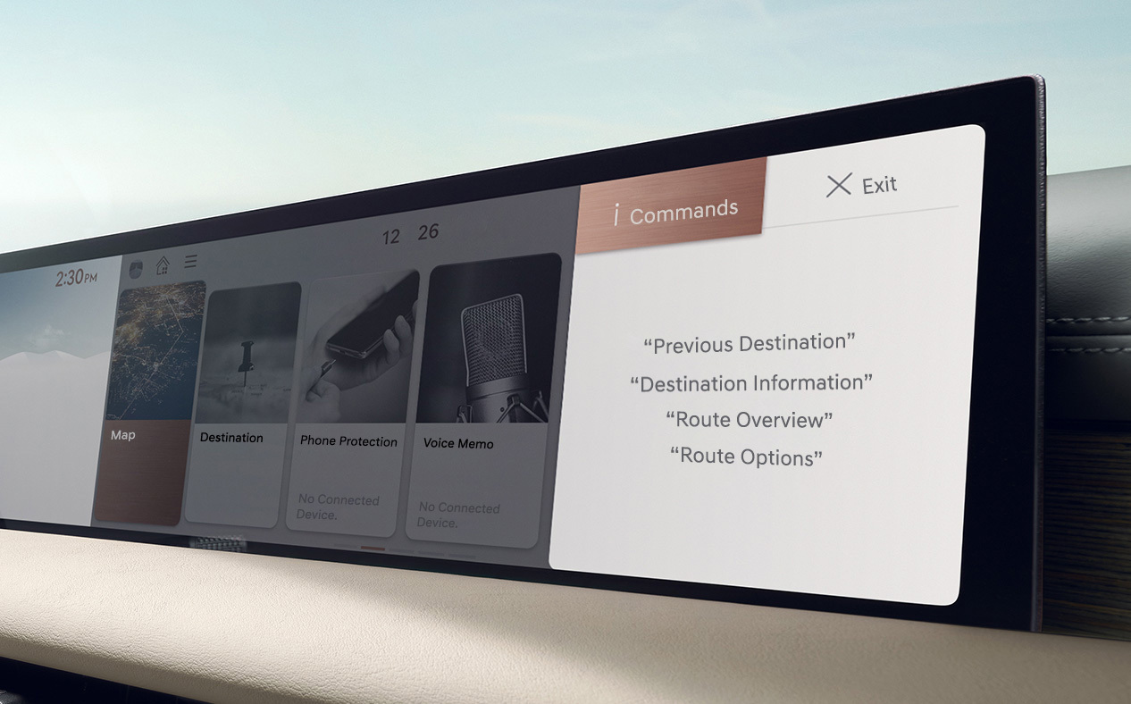 The vehicle is controlled via voice recognition as shown on the 27-inch OLED display.