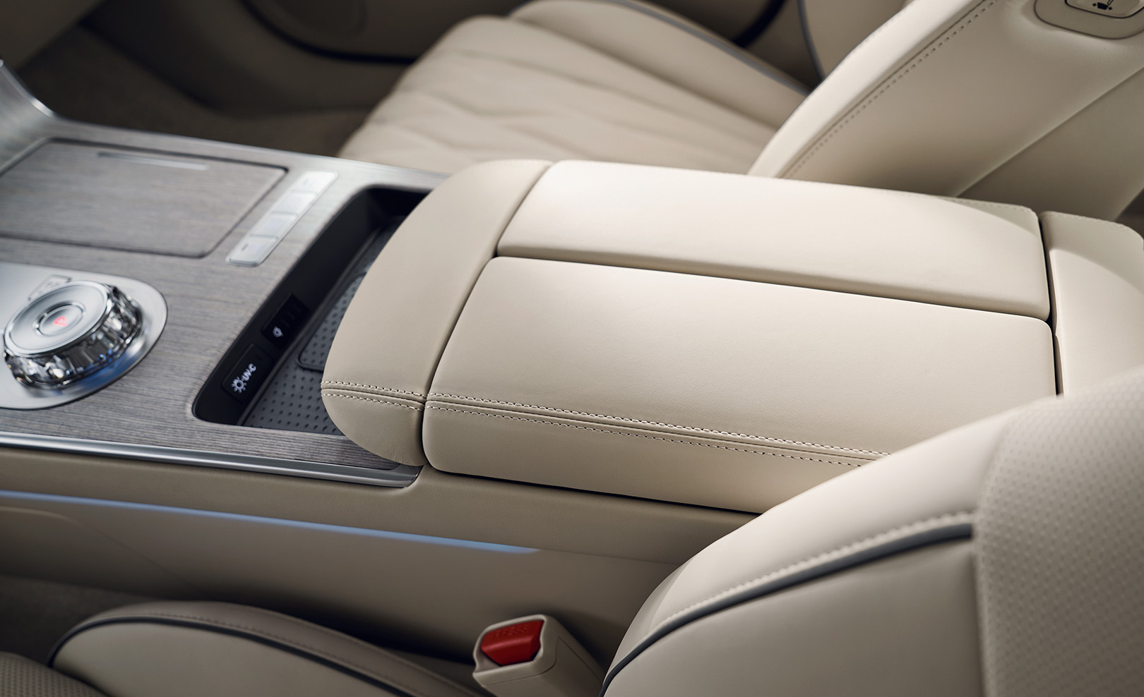  A close-up of the first row armrest.