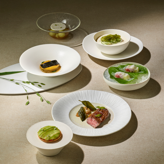 A pristine white plate artfully arranged with grilled delicacies, fresh seasonal vegetables, and a refined dessert.