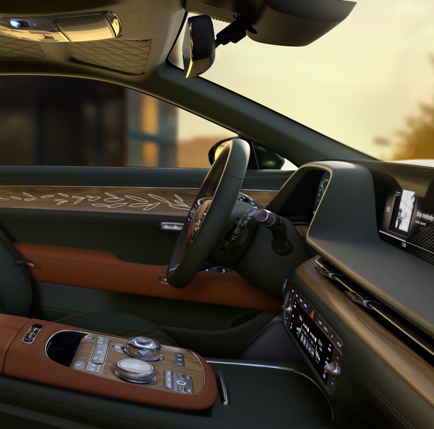 This is the interior driver's seat of the Genesis X Gran Coupe made of olive wood material. The steering wheel and controllers appear zoomed in.
