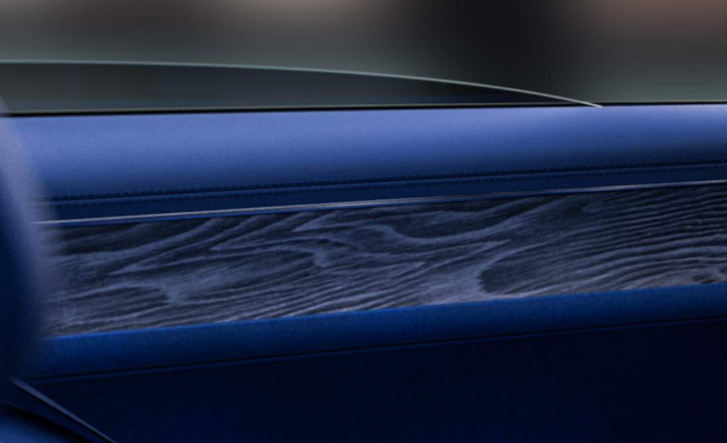 The side door panels appear zoomed in. The blue-dyed eucalyptus interior wood stands out.