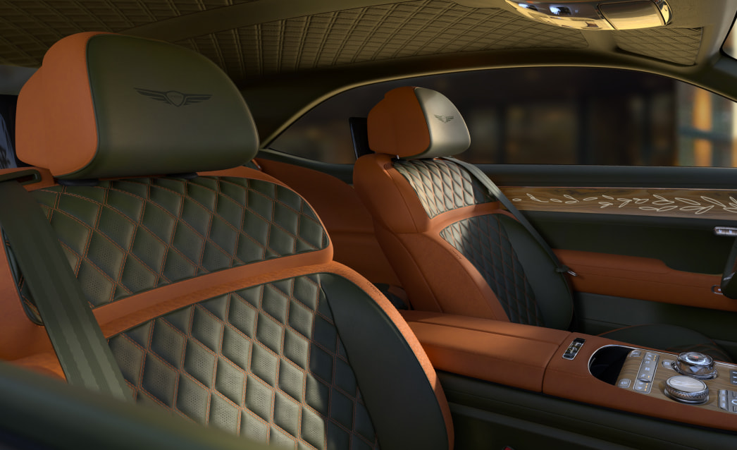 The olive green leather seat upholstery is shown zoomed in.