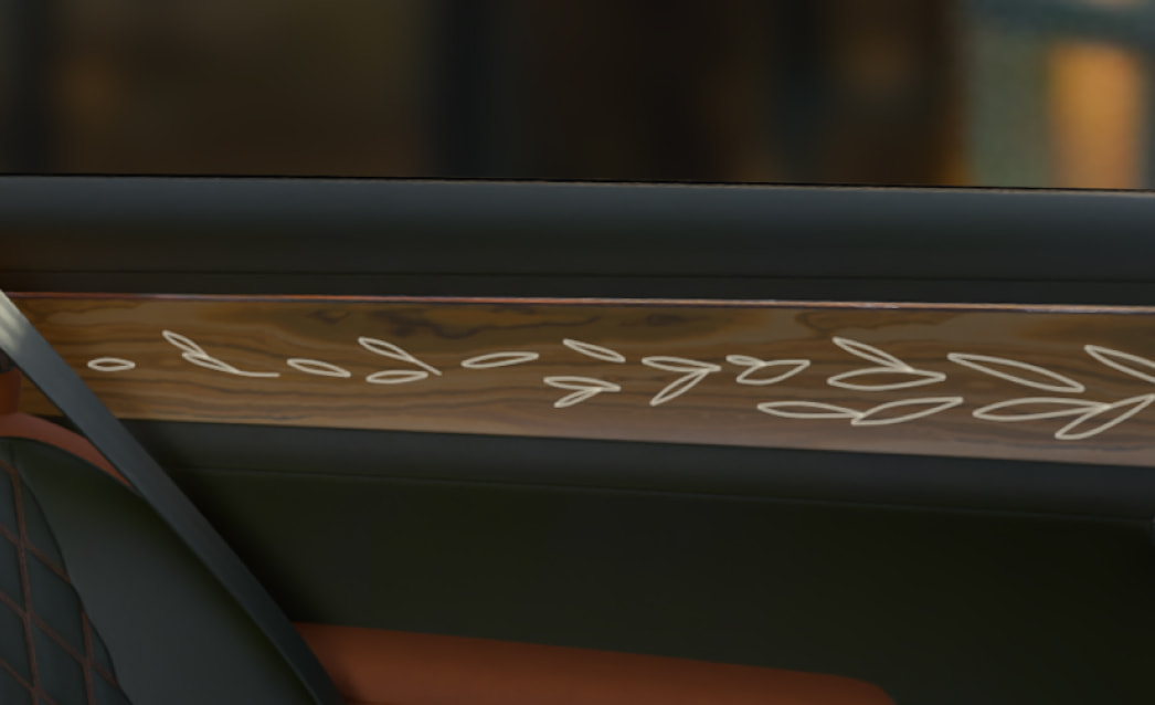 The side door panels appear zoomed in. Backlit graphics with an olive tree branch pattern stand out.