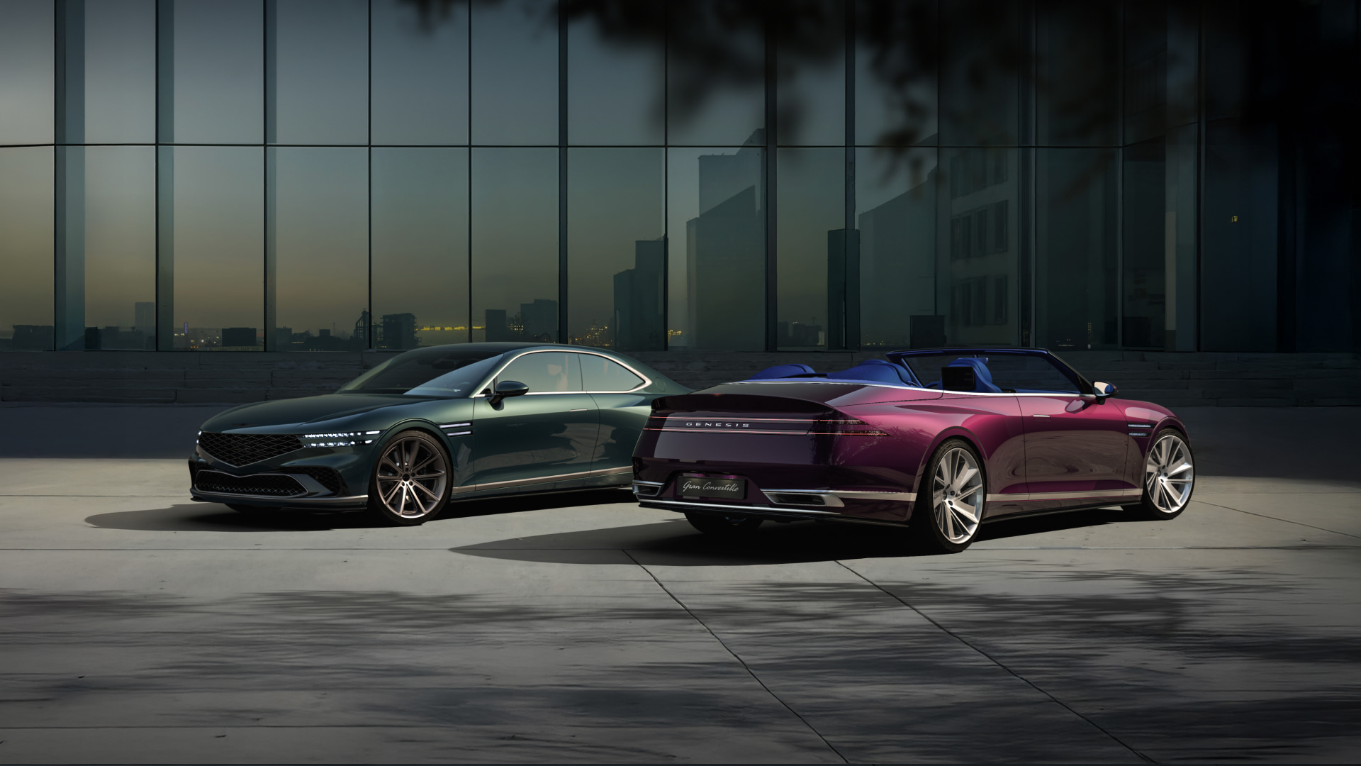 The Genesis X Gran Coupe and Convertible stand side by side in front of a modern city background. 