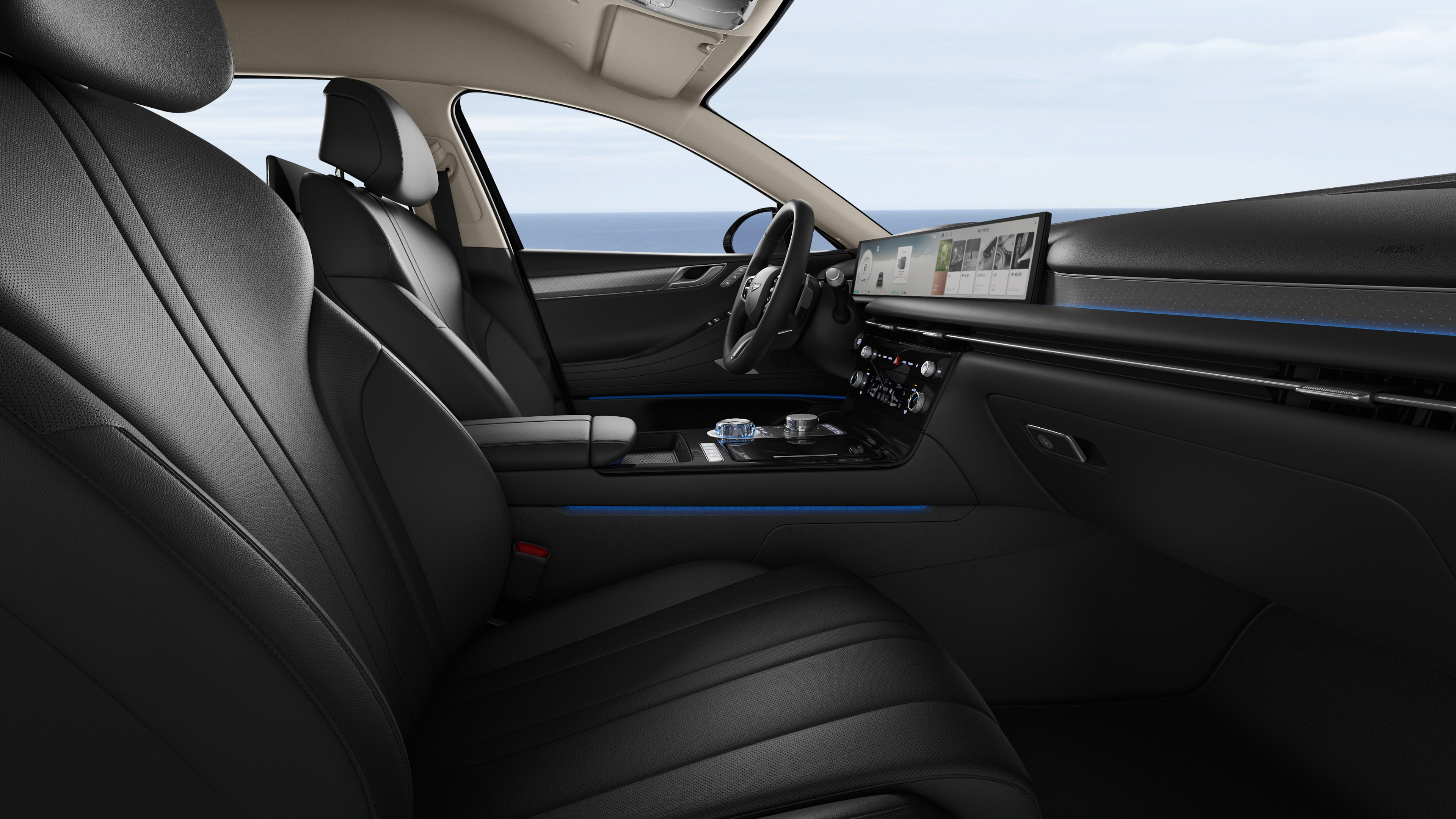 옵시디언 블랙 모노톤 컬러 디자인이 적용된 Electrified G80의 실내 이미지.