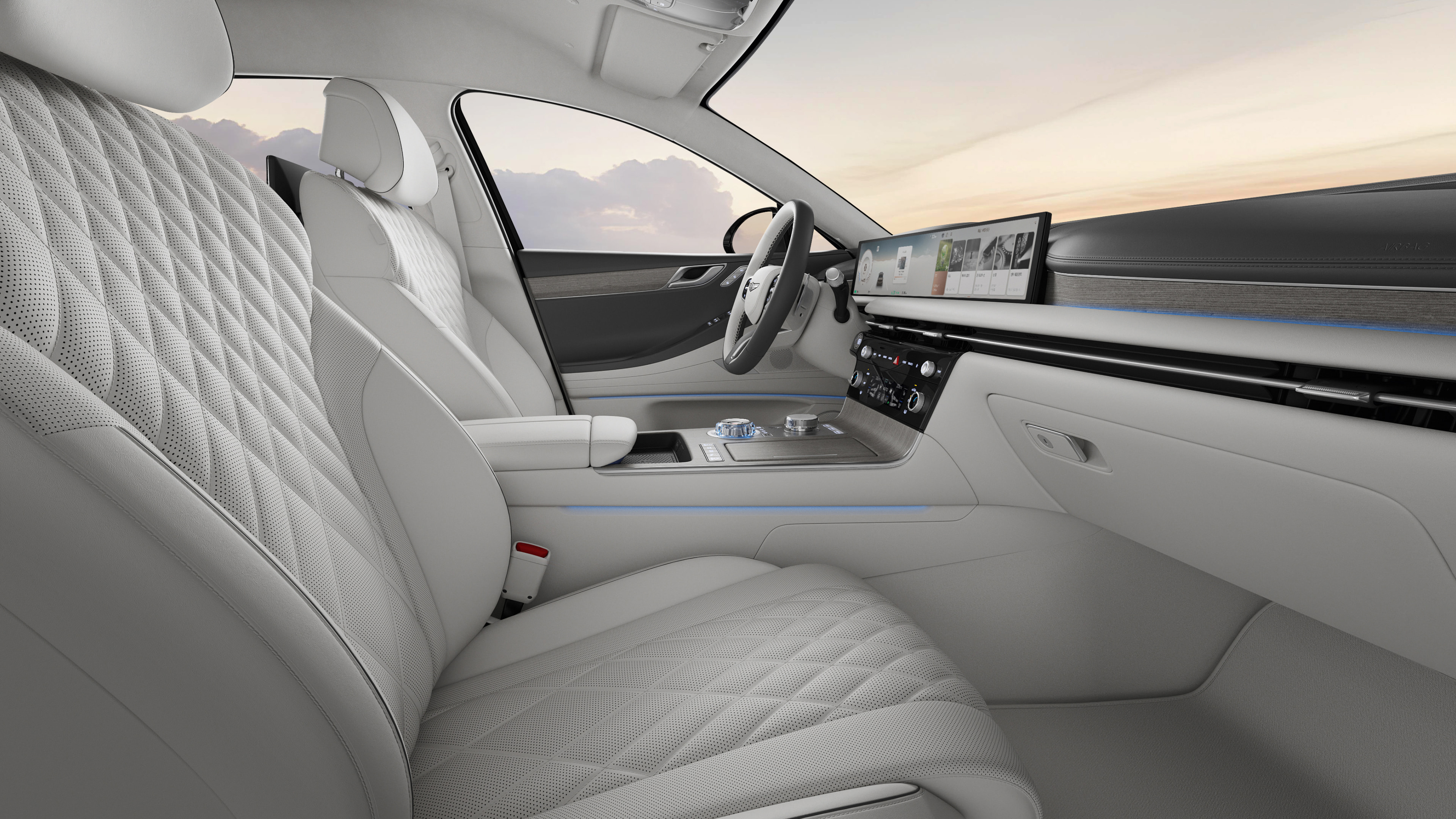 애쉬 그레이/글레이셔 화이트 투톤 컬러 디자인이 적용된 Electrified G80의 실내 이미지.