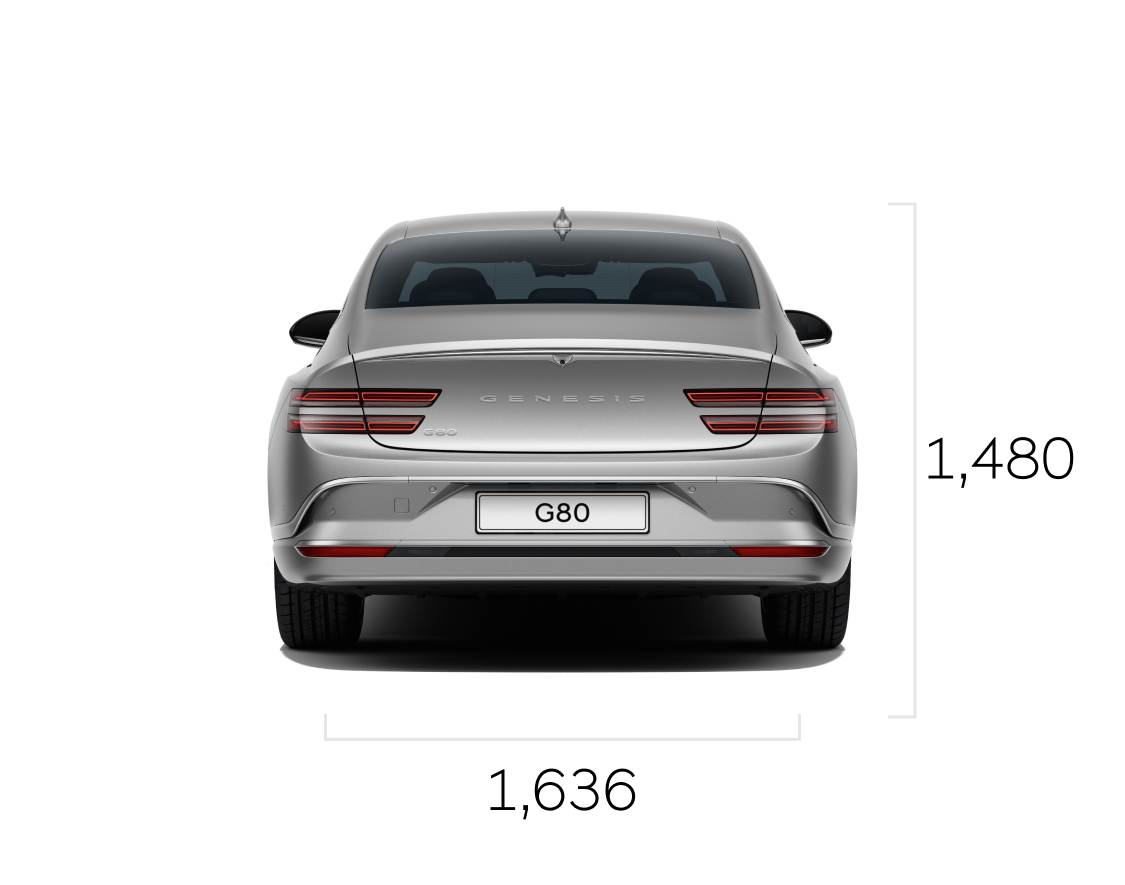 제네바 실버 색상의 Electrified G80 후면 이미지와 치수 정보가 보입니다. (전고: 1,480mm / 윤거 후: 1,636mm)