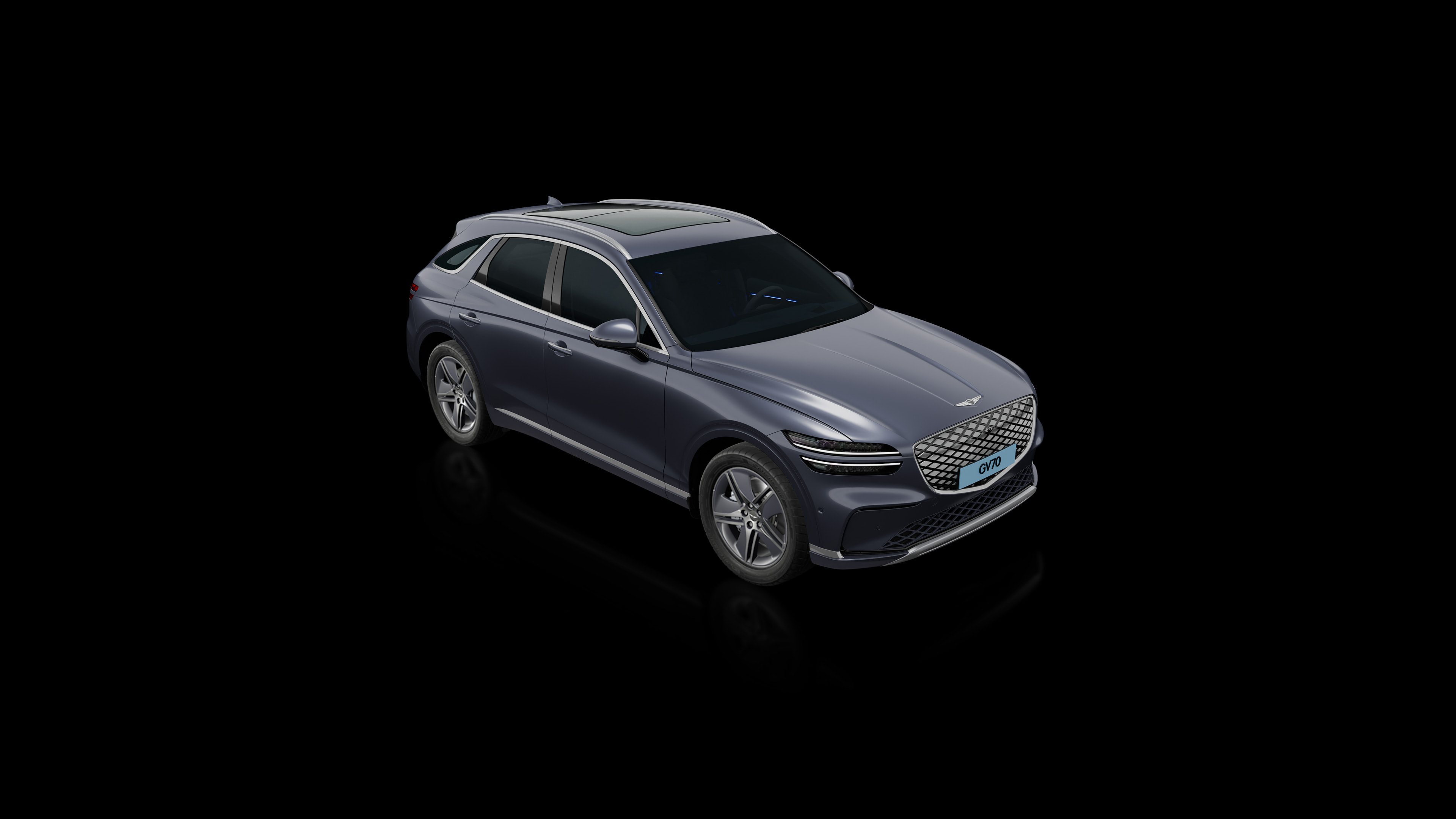 A view of the front and right sides of the Ceres Blue Electrified GV70.
