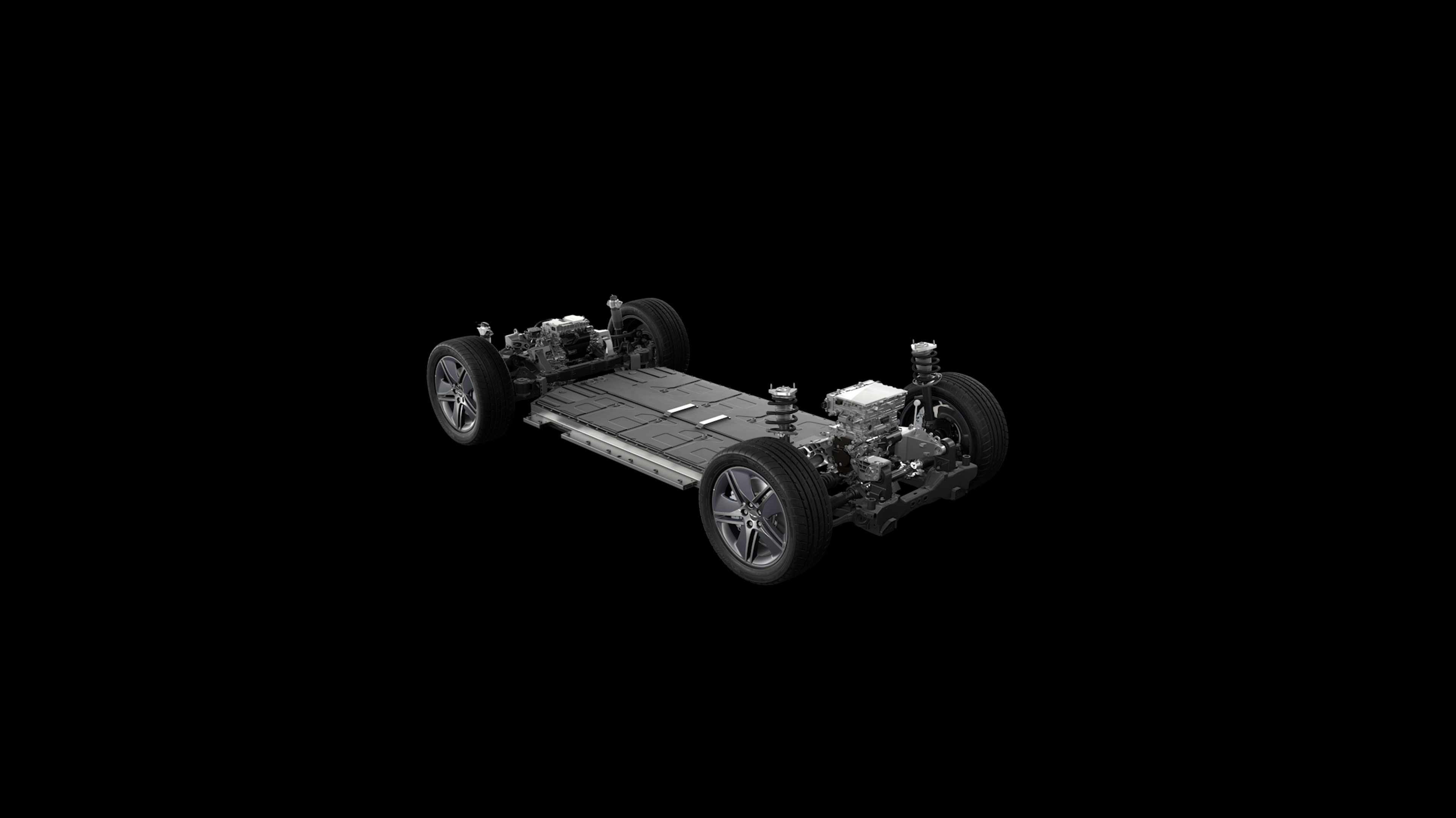 A detailed graphic of the vehicle with its upper exterior removed to reveal the structure of its wheels and underbody components.