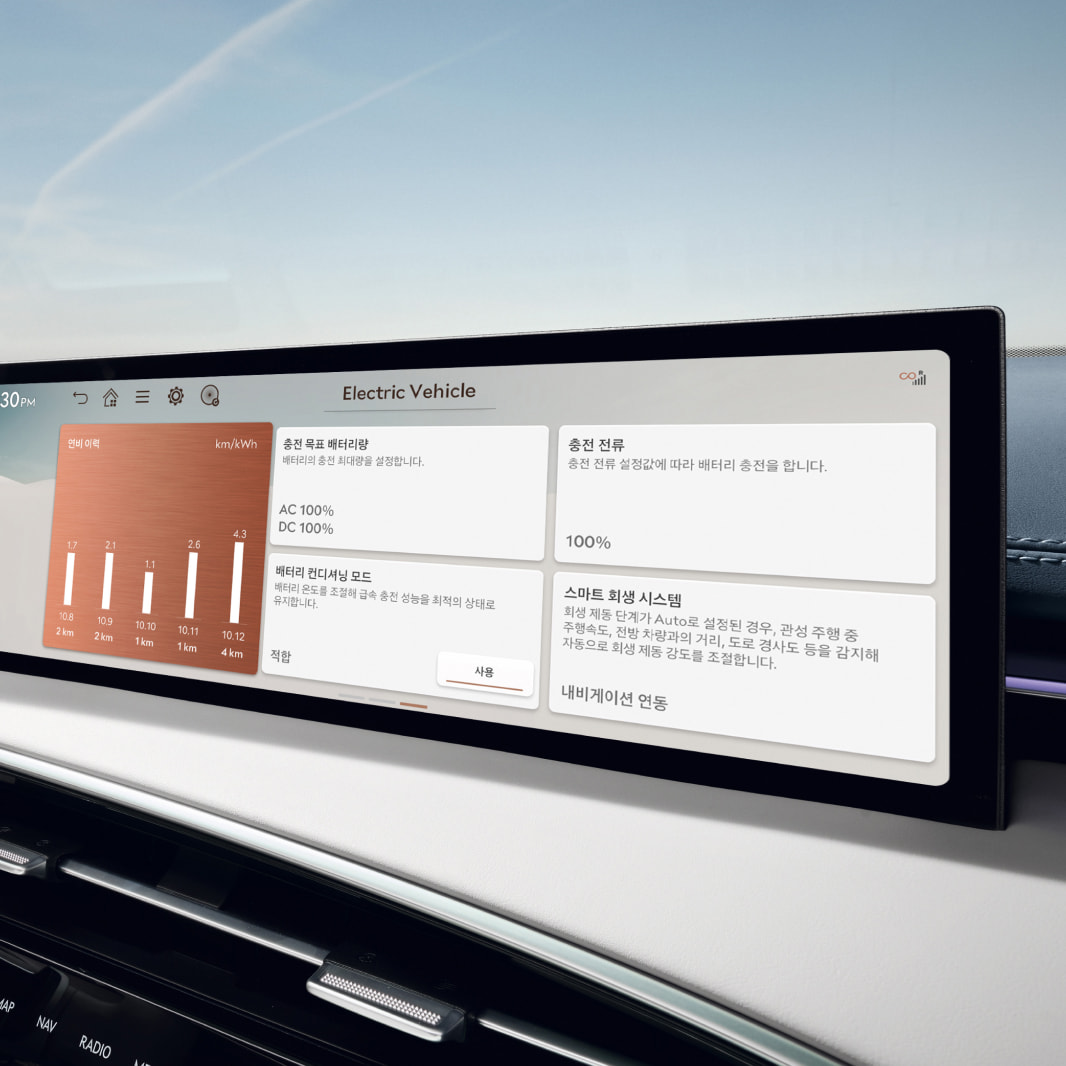 An electric vehicle-specific settings menu is on the vehicle's display.