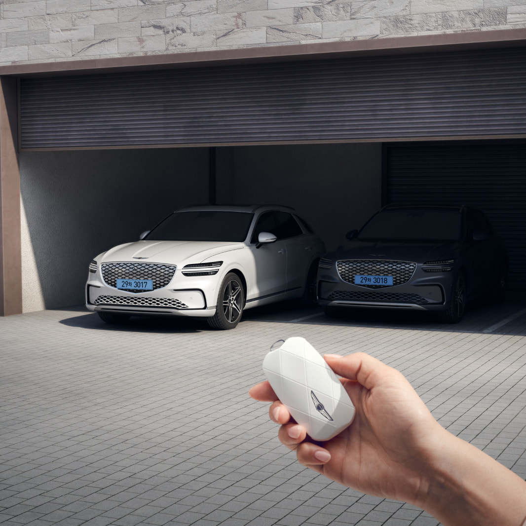 A user is controlling their vehicle remotely by using a smart key from outside the vehicle. 