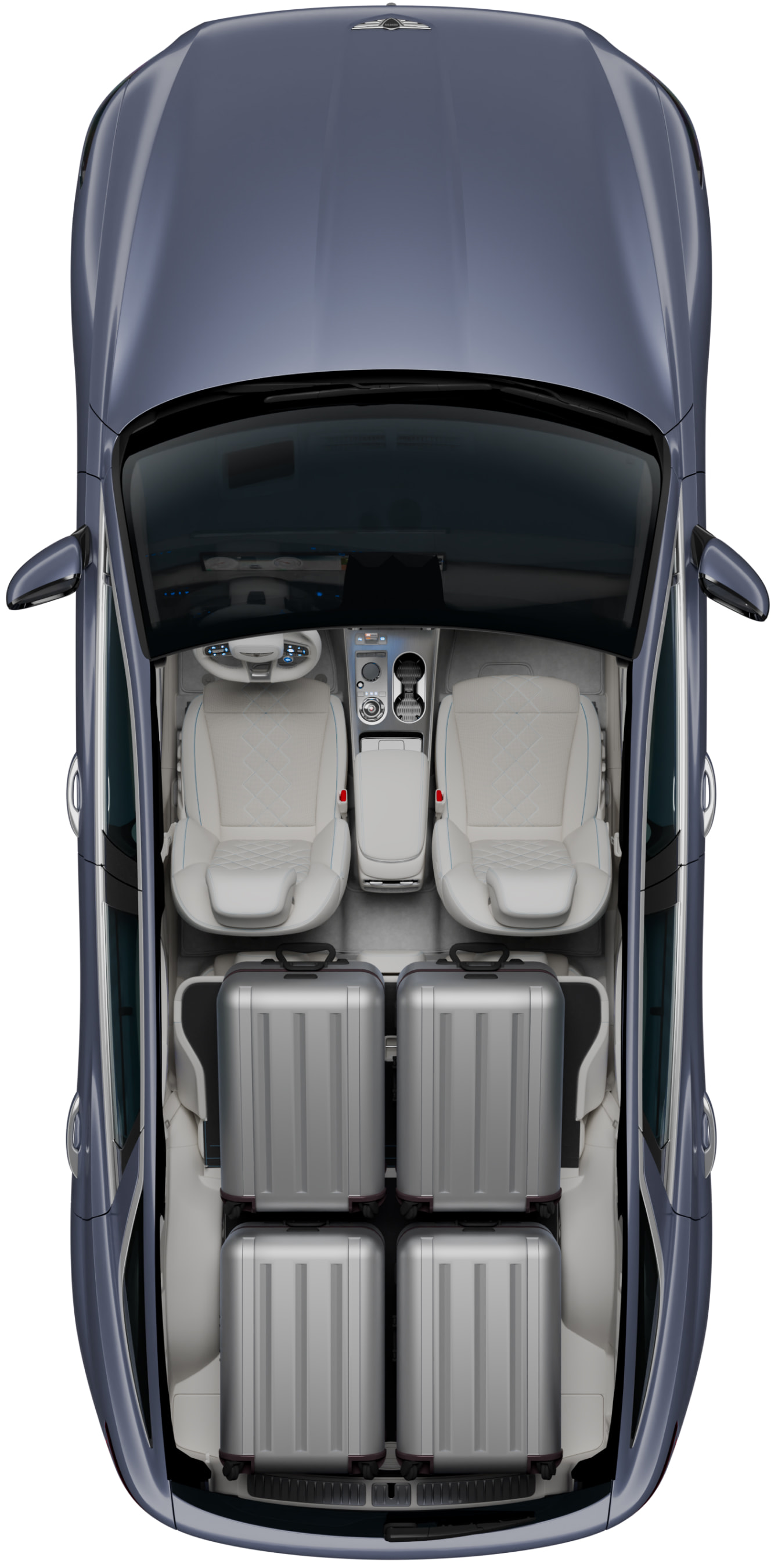  A top-down view of the interior layout of the Electrified GV70, showing the front area, back area, and trunk.