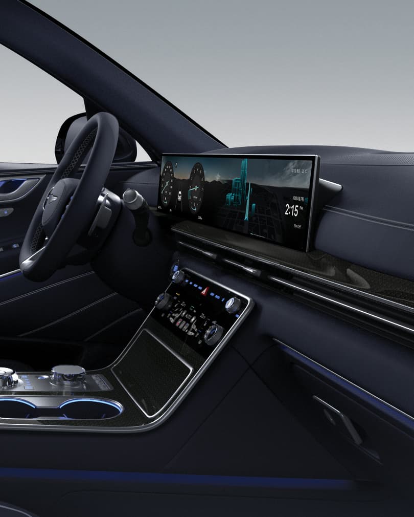 The 27-inch display and slim air vent seen inside the car.