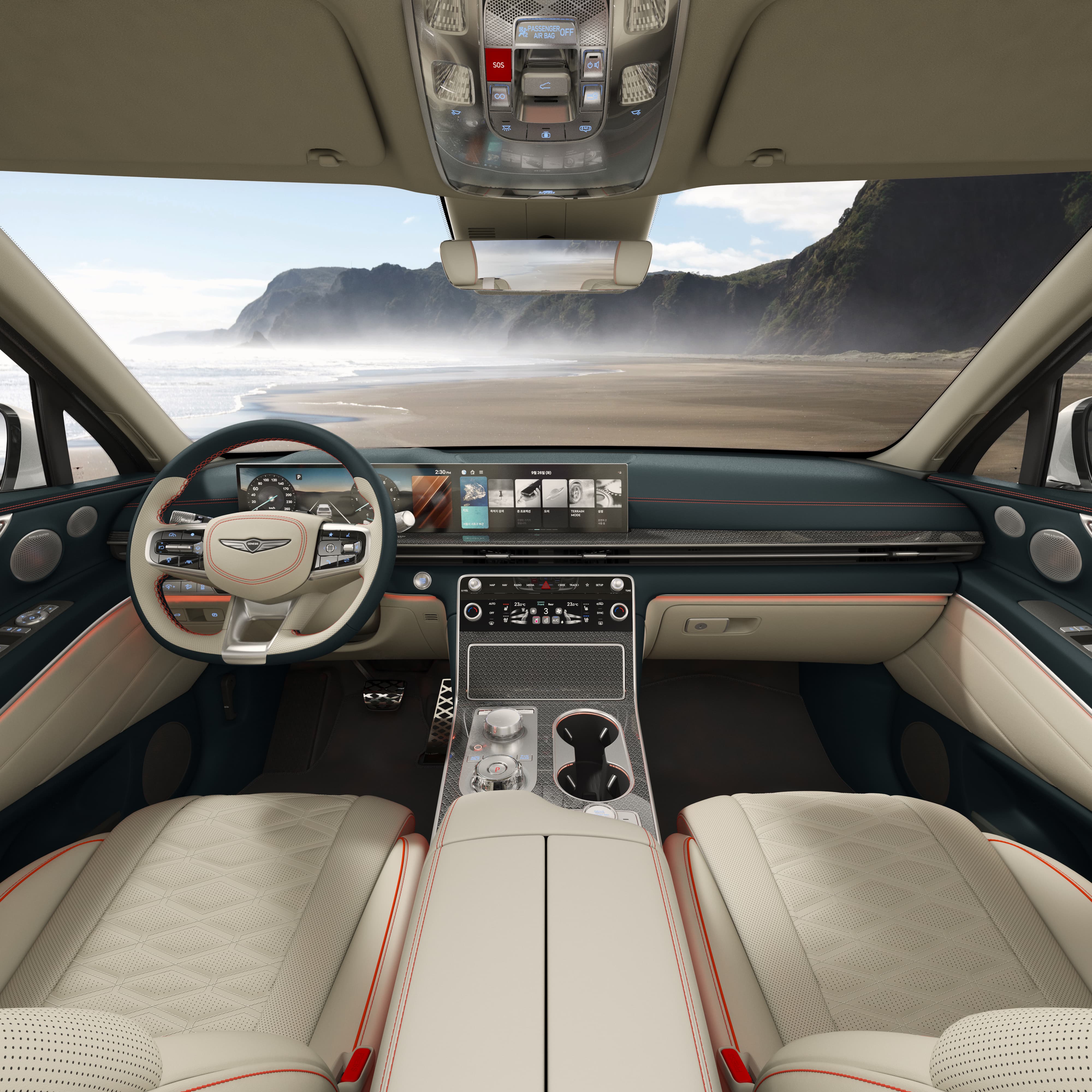The Smoky Green/Vanilla Beige Two-tone GV80 Coupe interior.