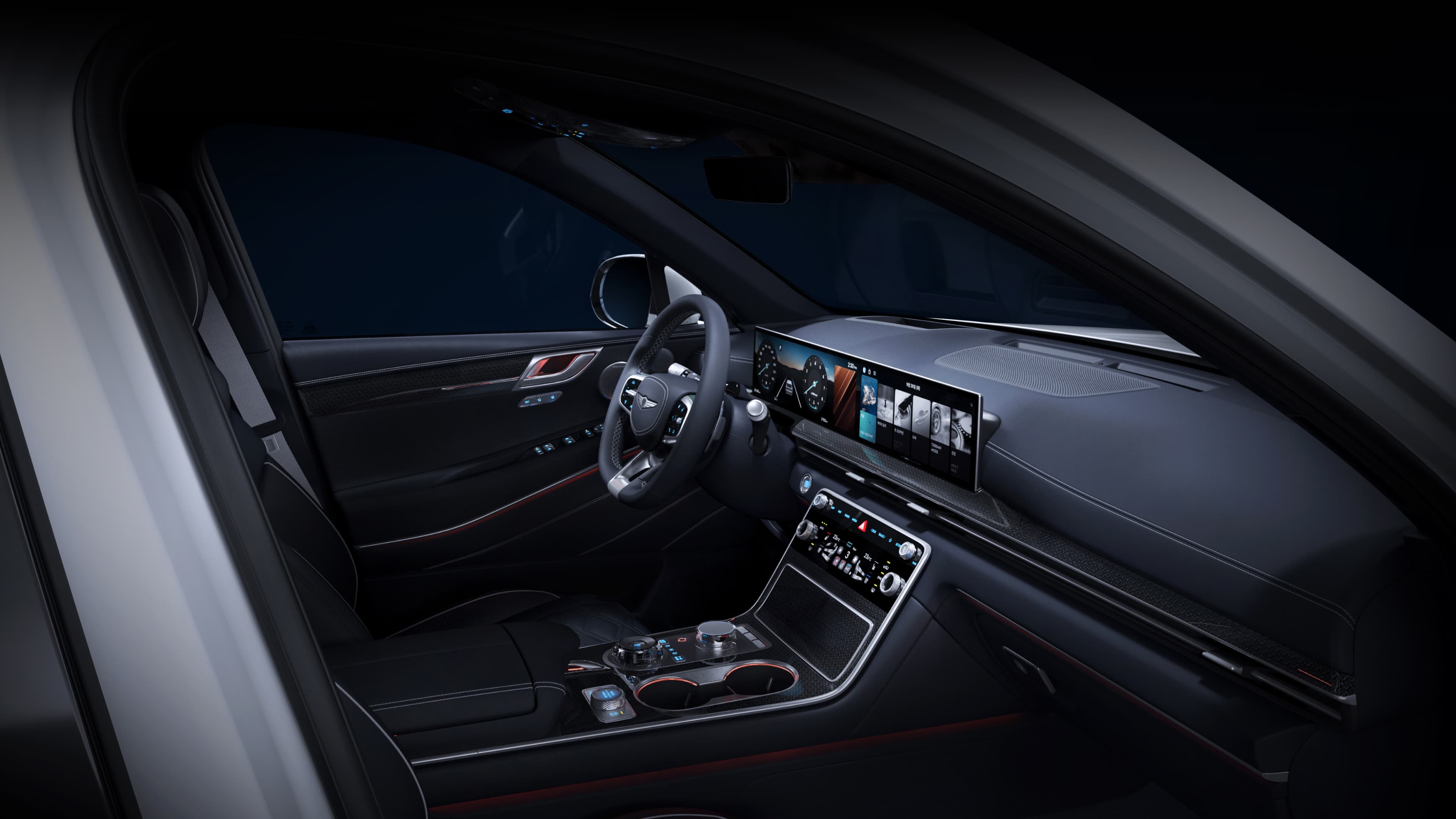 The interior of the GV80 Coupe in ultramarine blue monotone.