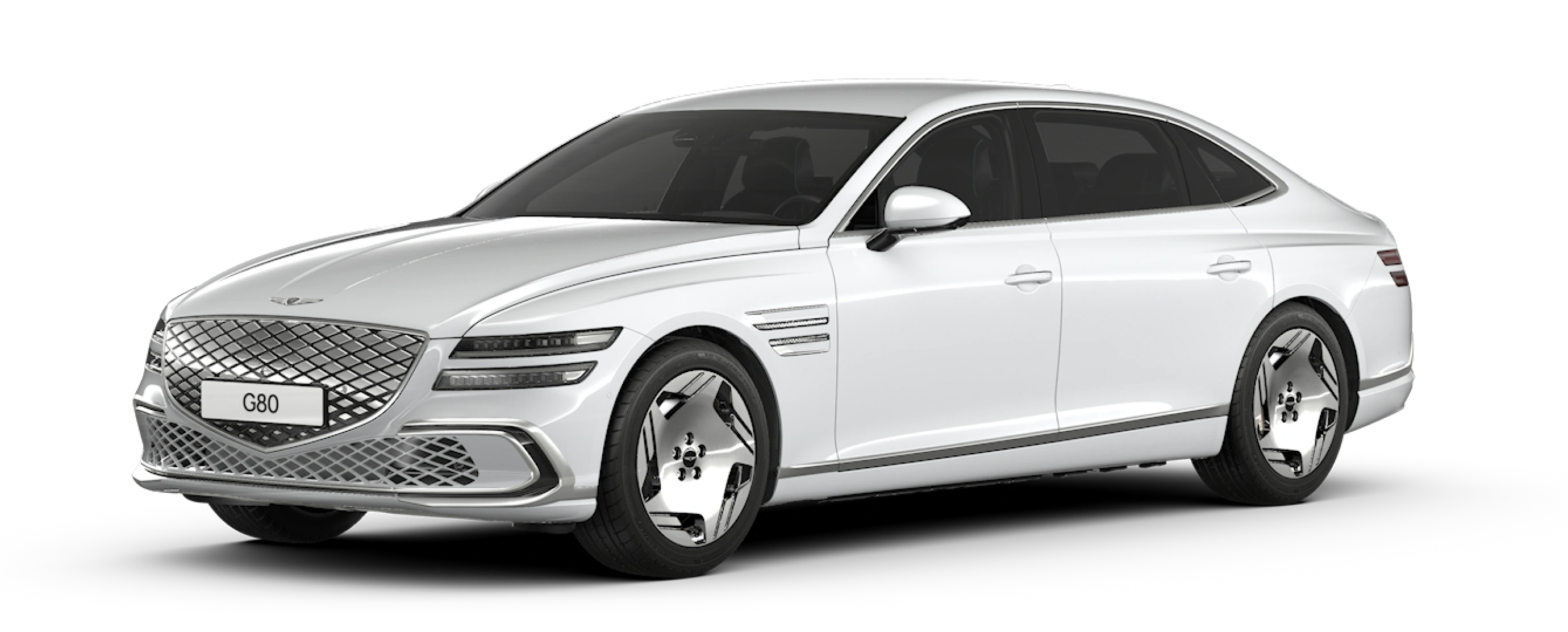 An exterior design image of the Electrified G80 in glossy Uyuni White color