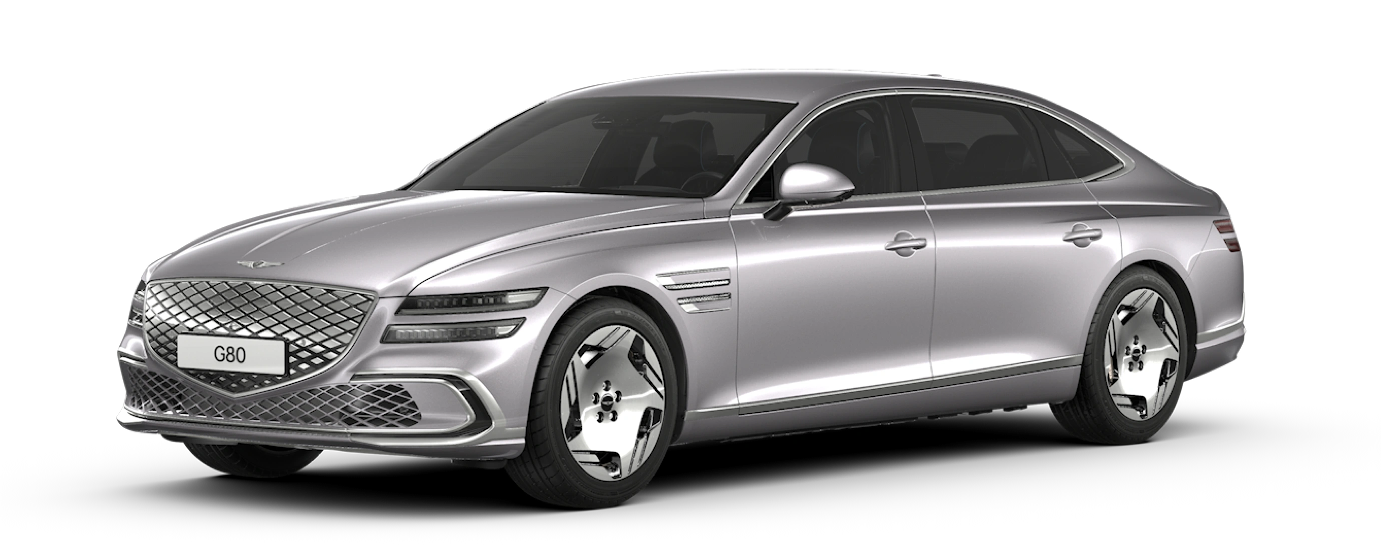 An exterior design image of the Electrified G80 in Glossy Geneva Silver color