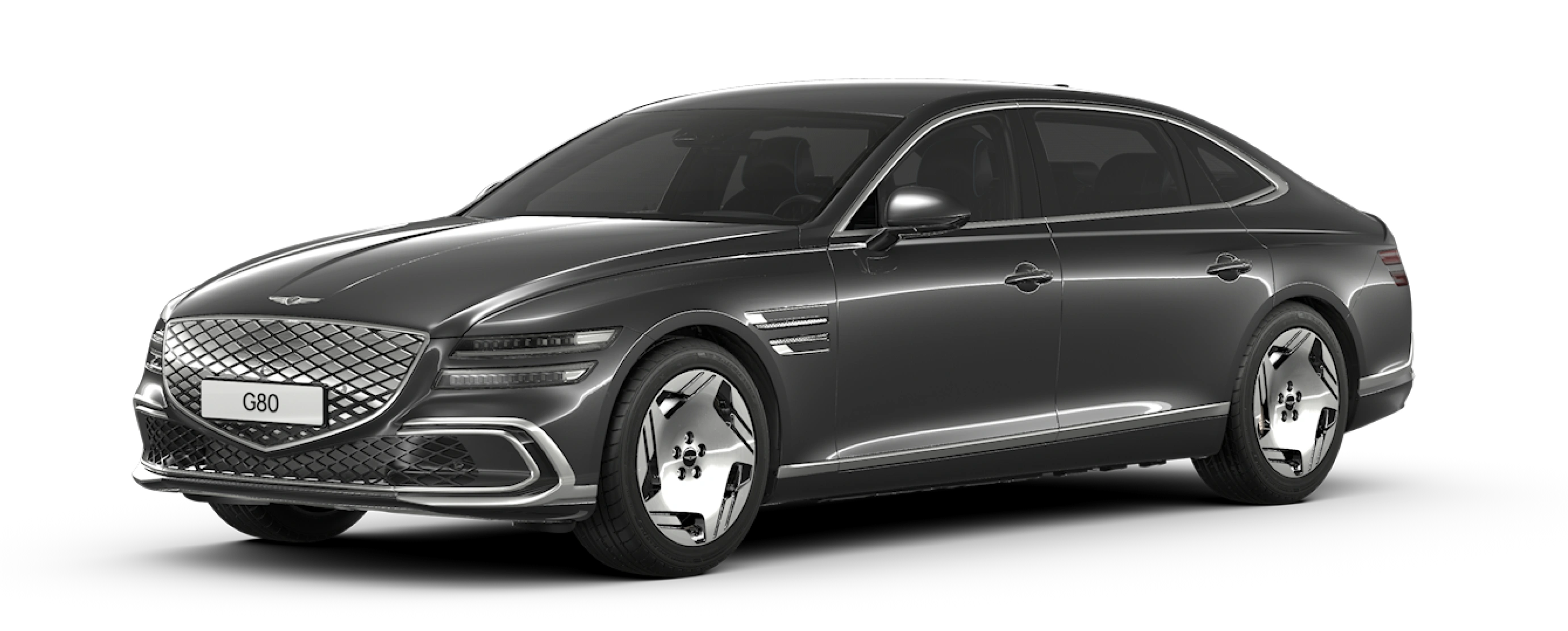 An exterior design image of the Electrified G80 in a glossy Makalu Gray color.