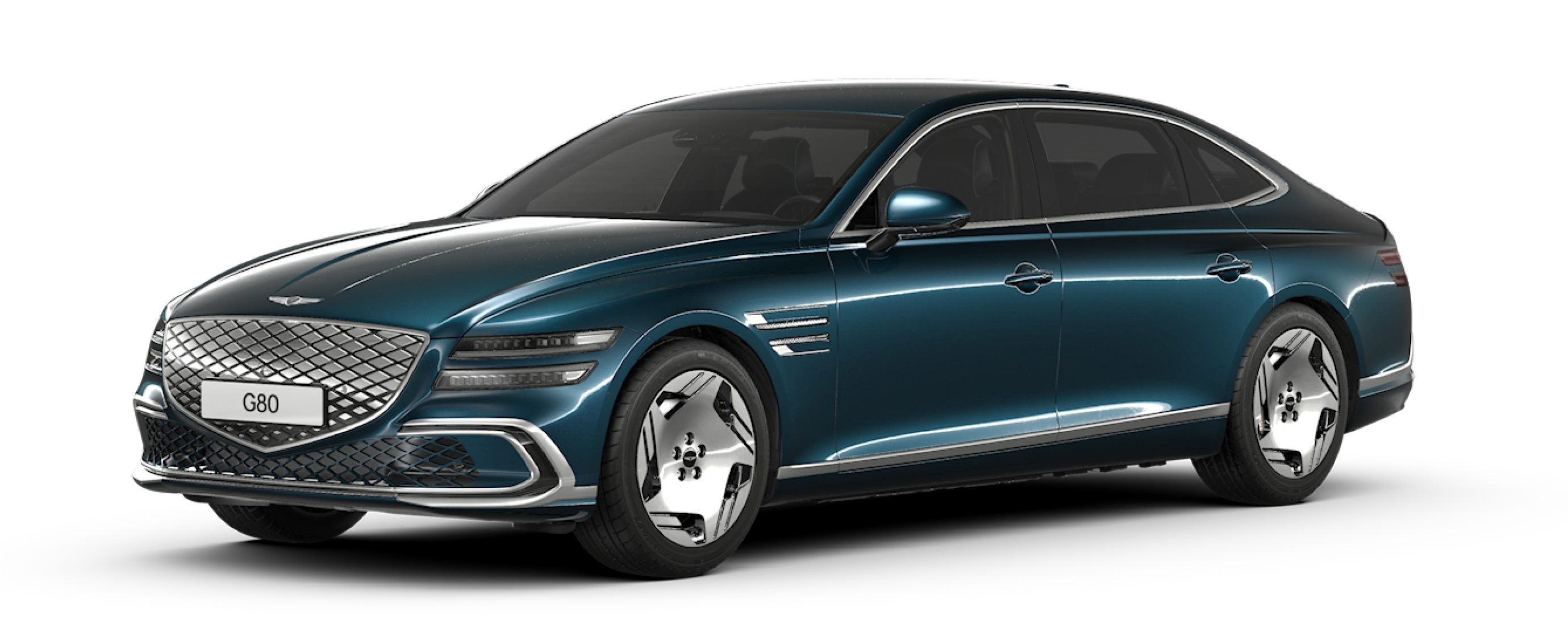 An exterior design image of the Electrified G80 in a glossy Tasman Blue color