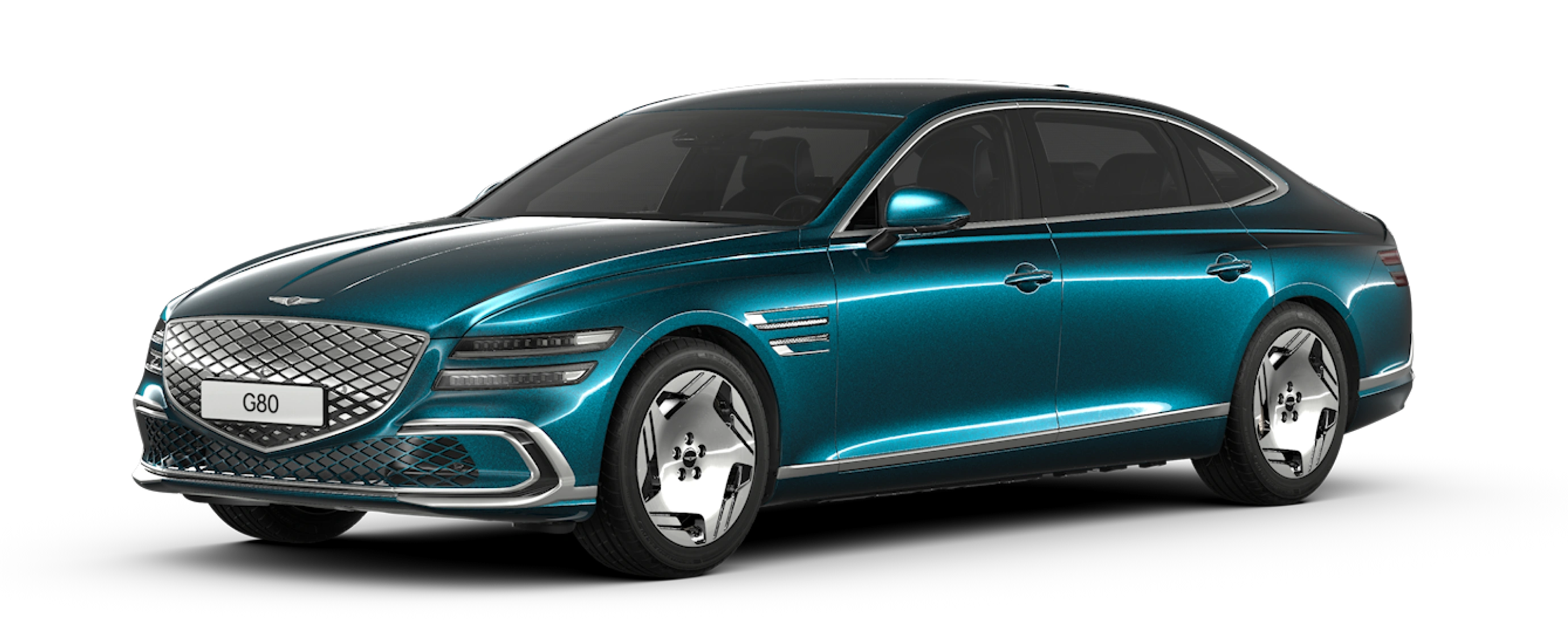 An exterior design image of the Electrified G80 in a glossy Matira Blue color
