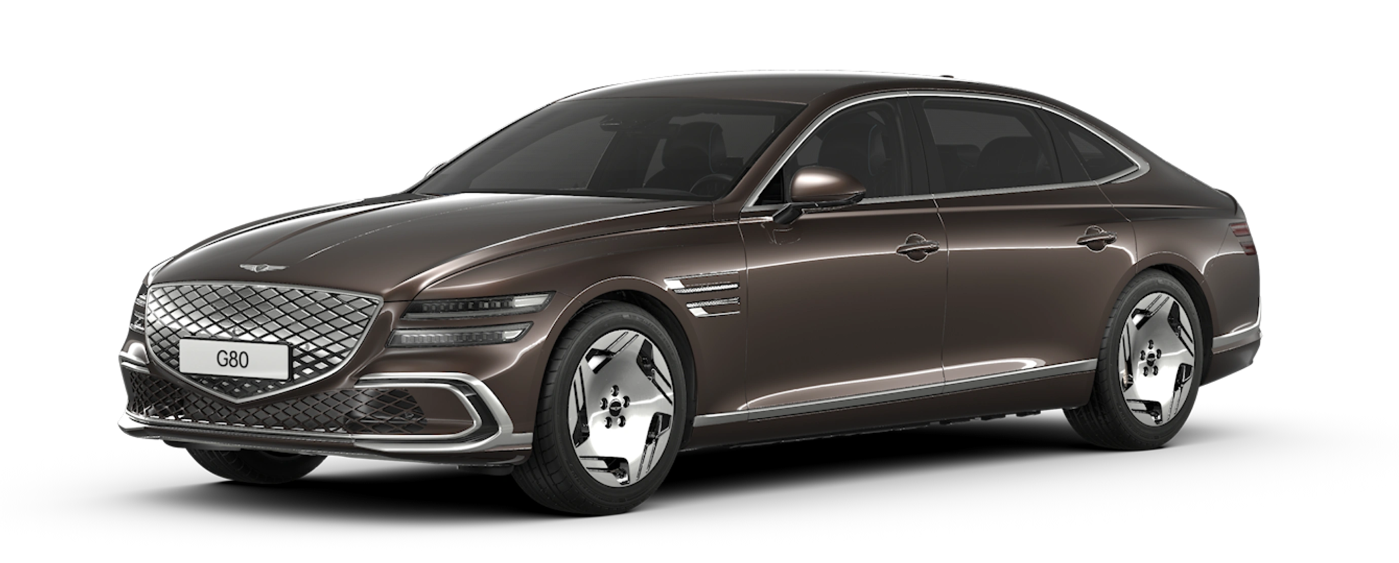 An exterior design image of the Electrified G80 in a glossy Brooklyn Brown color