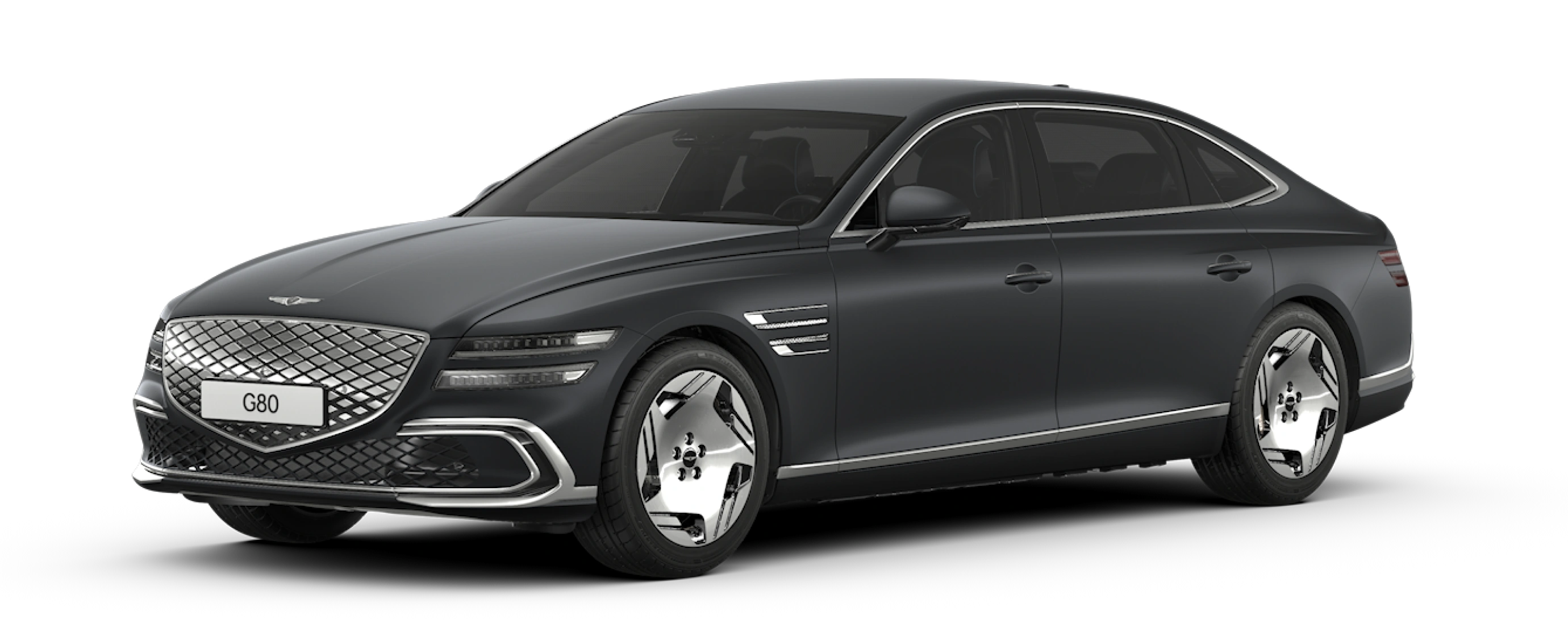 An exterior design image of the Electrified G80 in matt Makalu Gray color