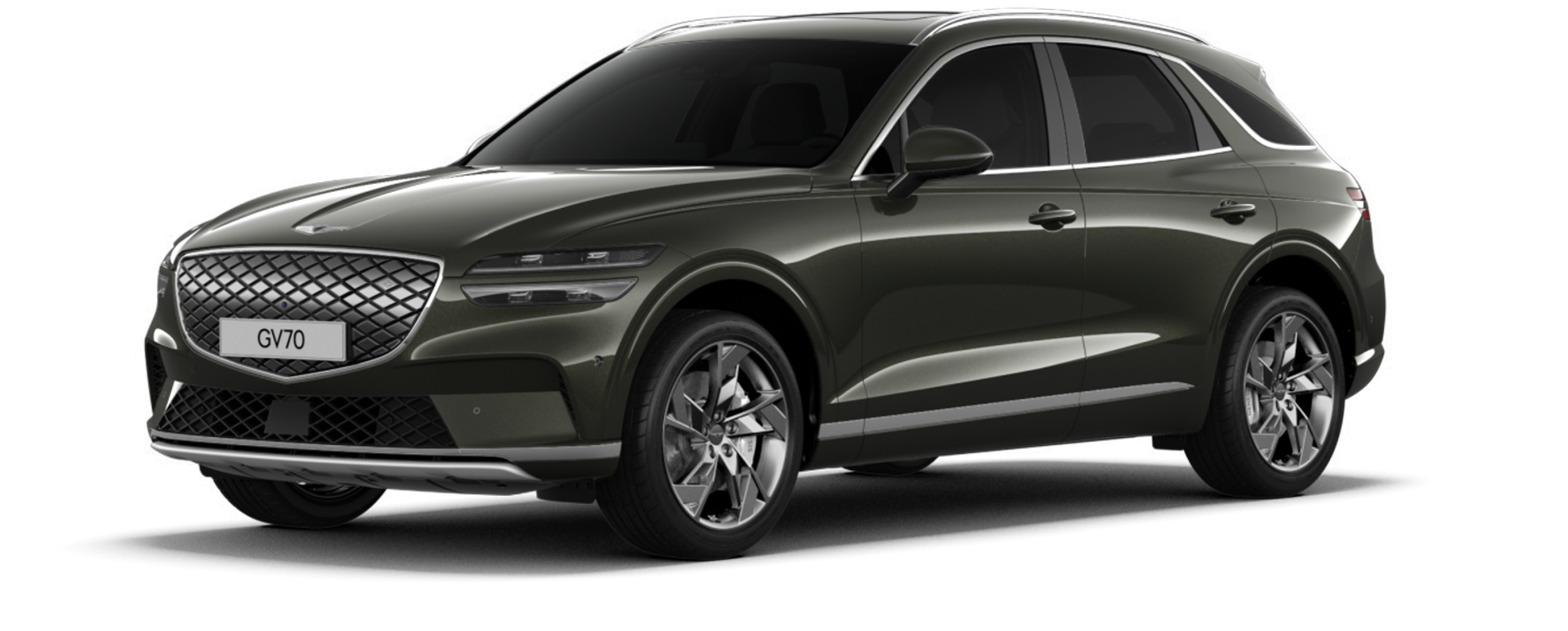 The Electrified GV70 in glossy Stor Green is against a black background.