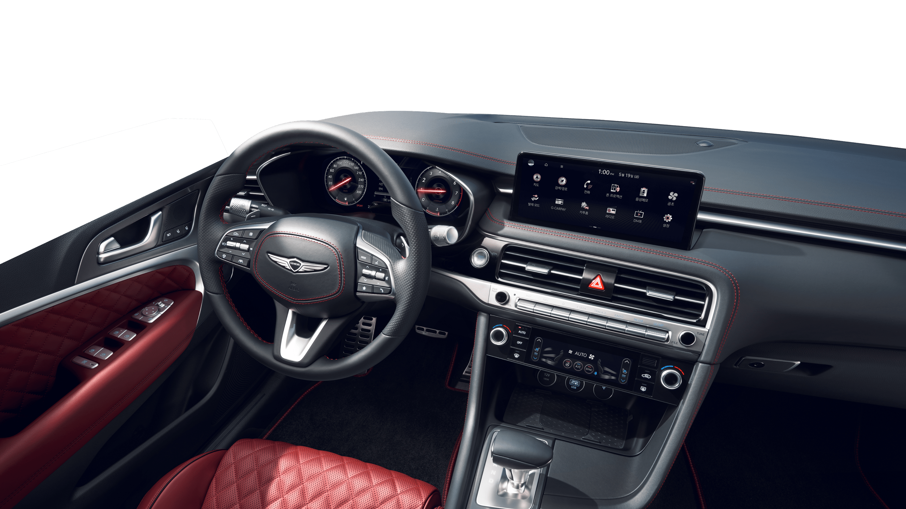 The interior of the G70 Shooting Brake in Obsidian Black/Sevilla Red Two-tone.