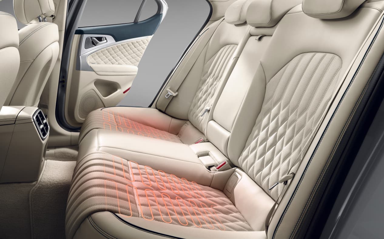 Heating rays are visible through the second-row seats of the Forest Bue/Vanilla Beige Two-tone interior.