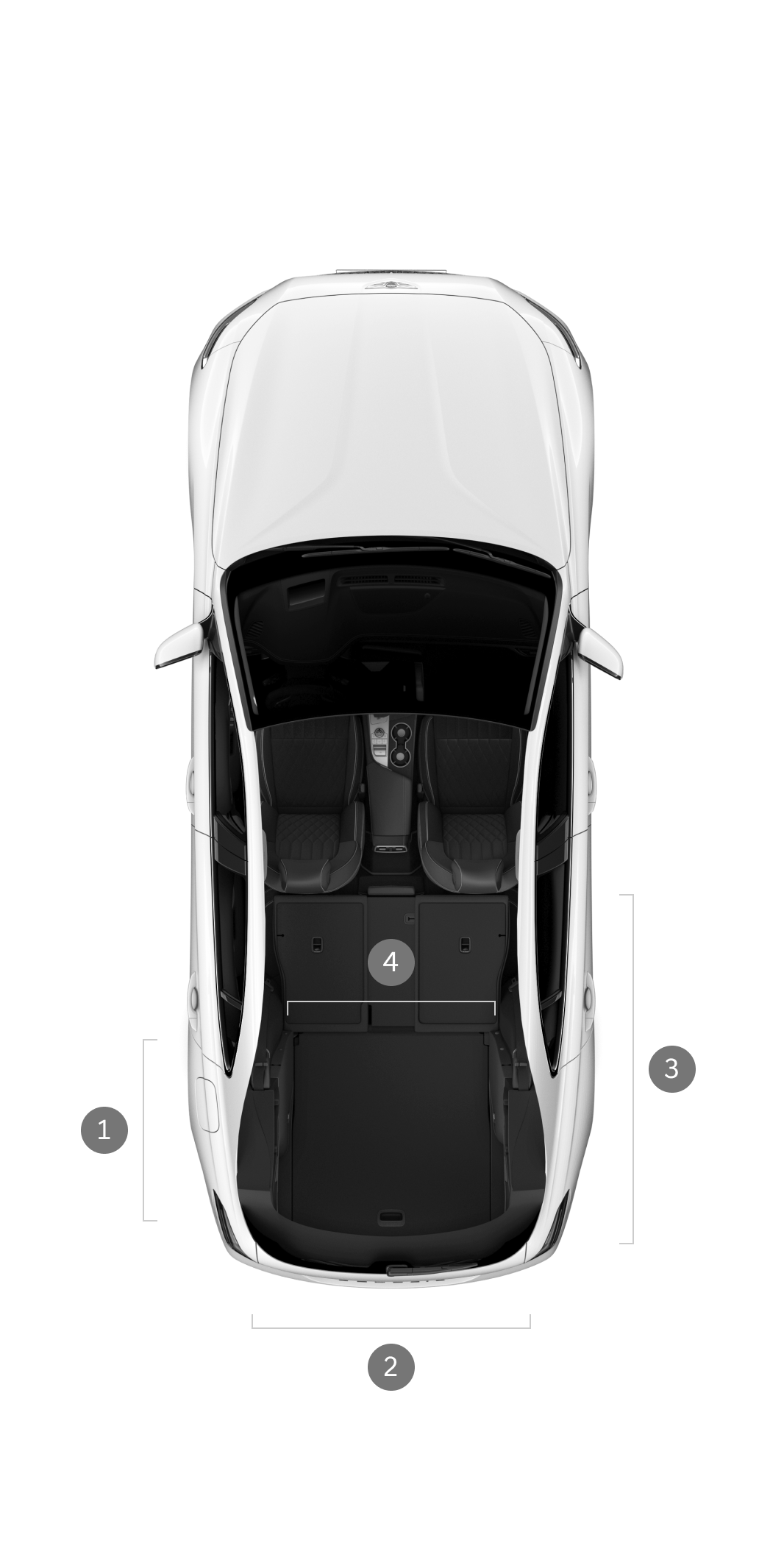 G70 shooting brake in Uyuni White is seen from above without a roof. The trunk has the rear seats folded down.