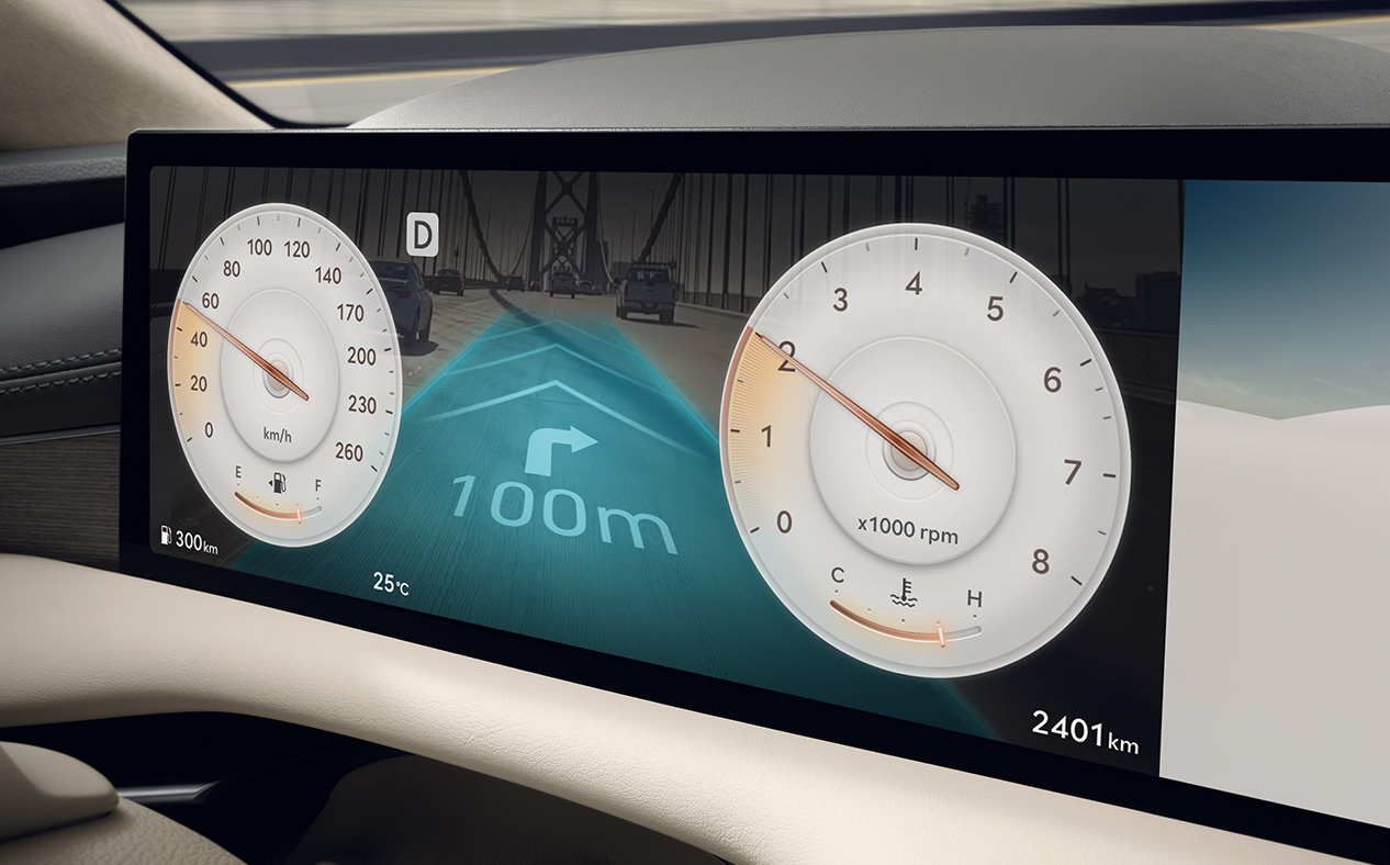 AR navigation provided on the 27-inch OLED display.