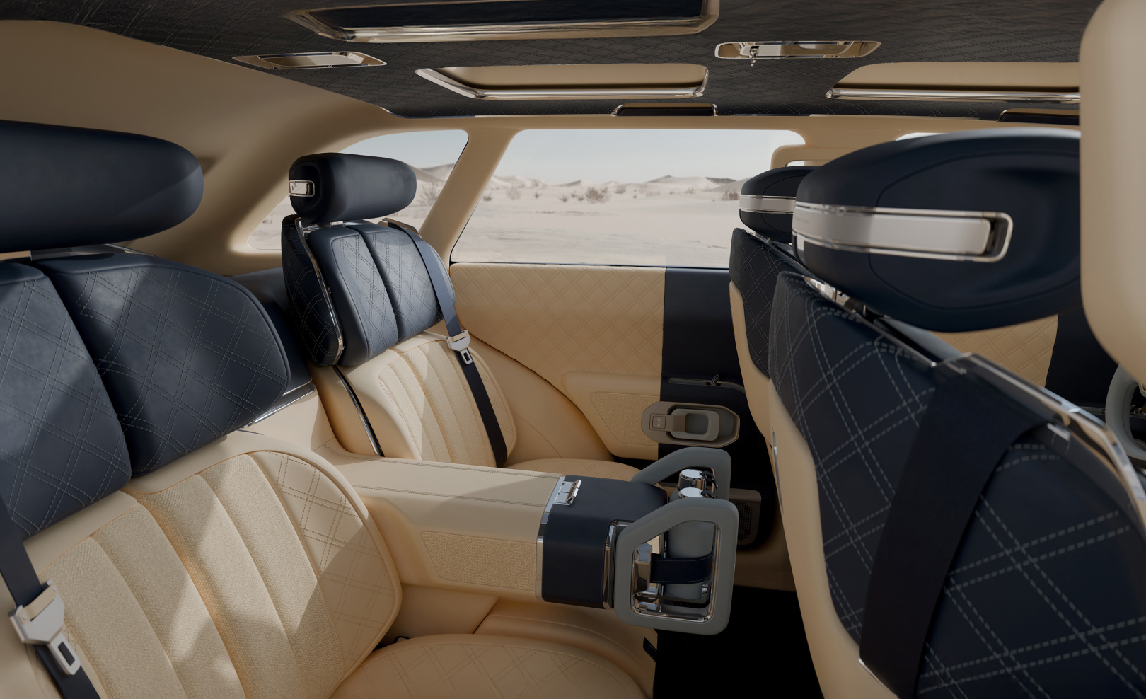 A zoomed-in view of the minimalistic rear seat interior is shown, featuring neutral-toned fabric and premium leather.