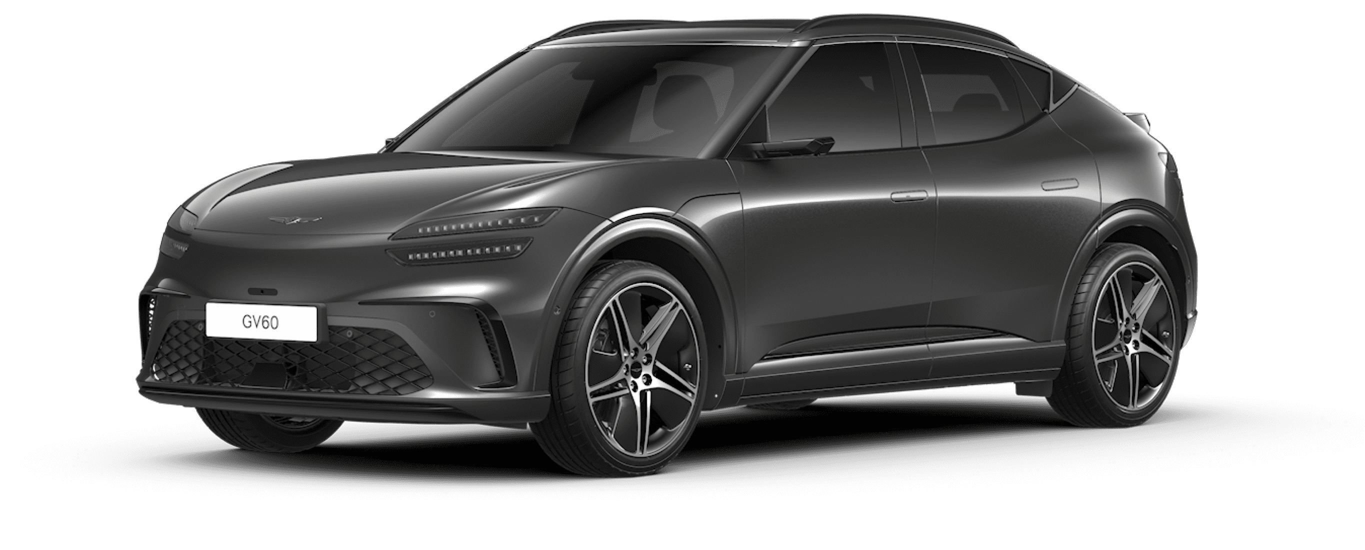 An image of the GV60's exterior design featuring the glossy Makalu Gray color.