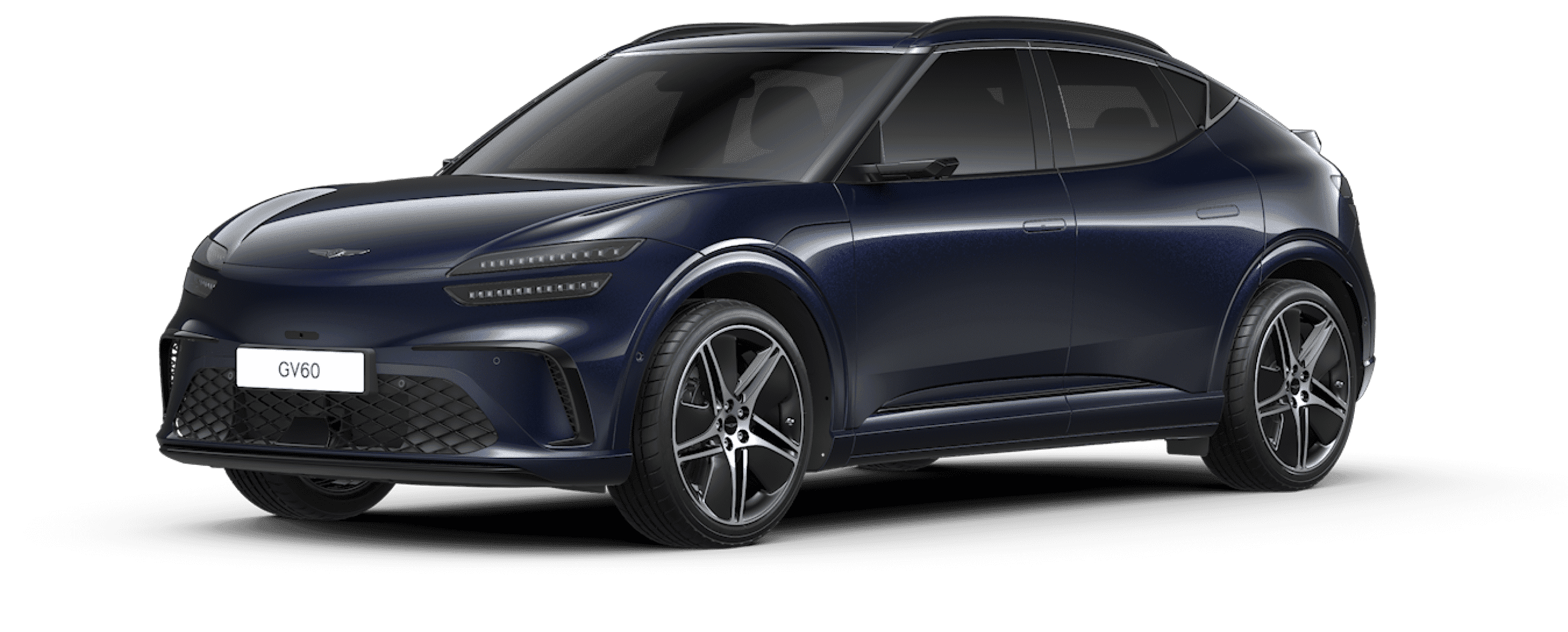 An image of the GV60's exterior design featuring the glossy Capri Blue color.
