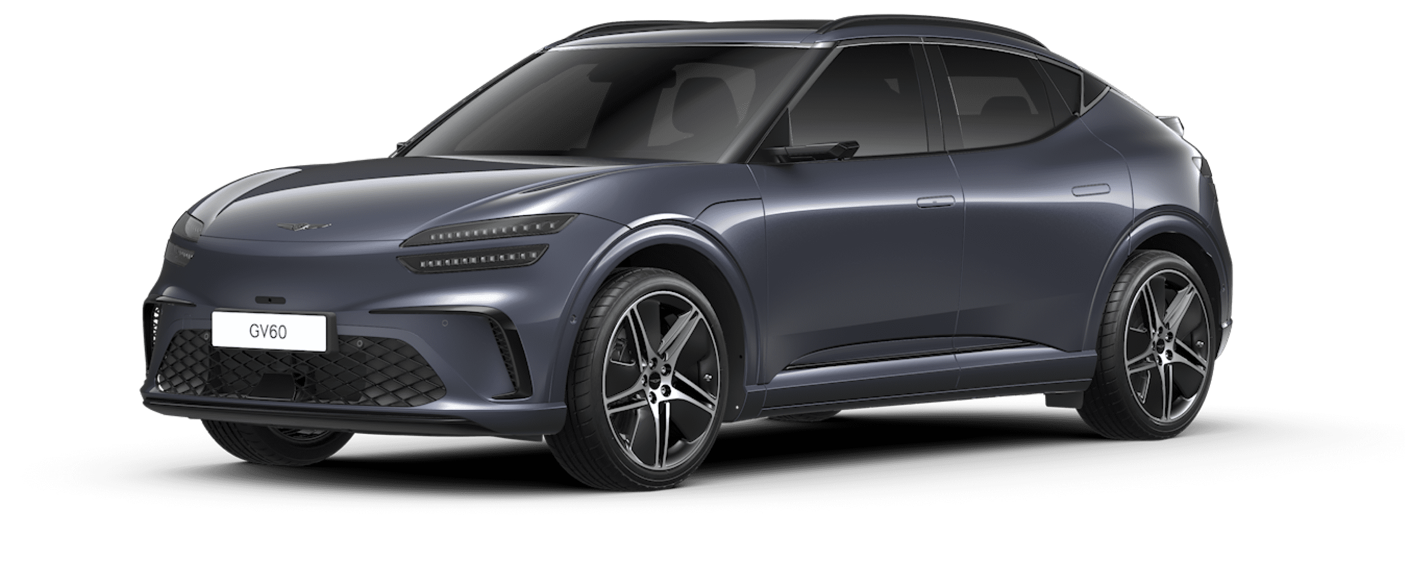 An image of the GV60's exterior design featuring the glossy Ceres Blue color.