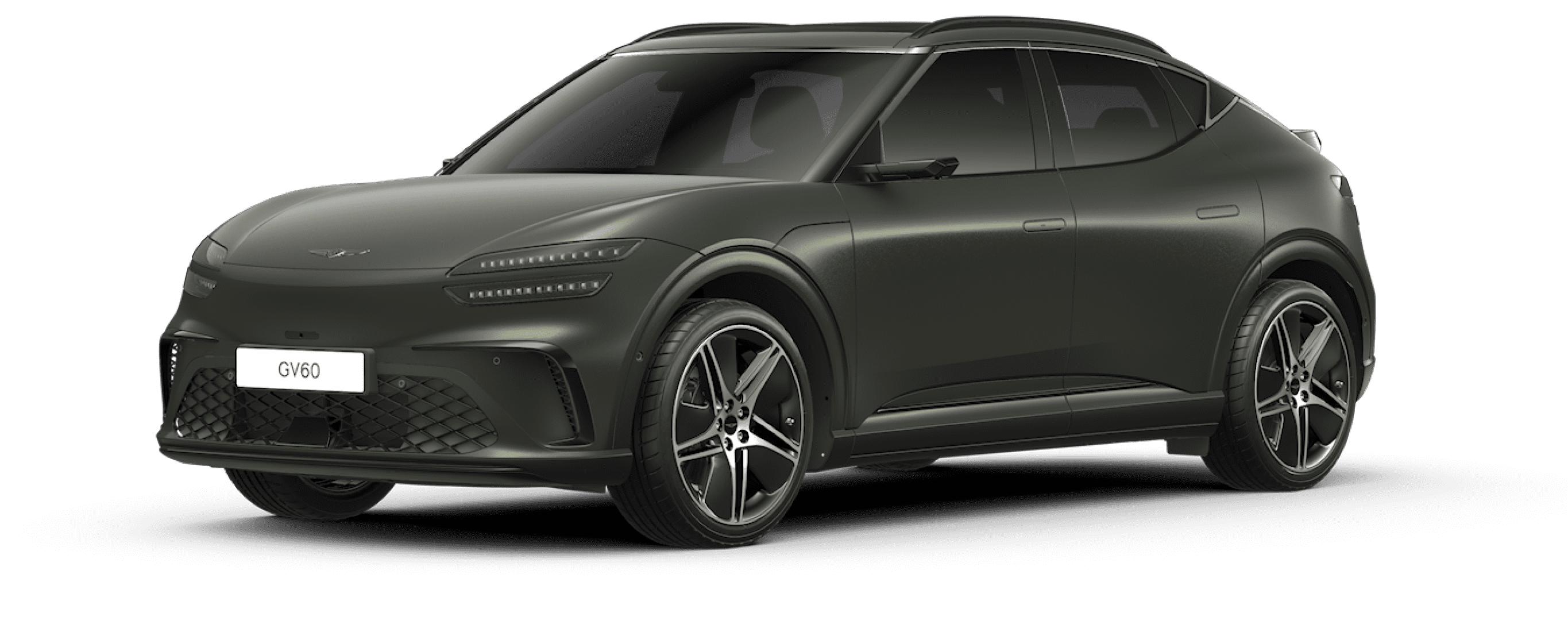 An image of the GV60's exterior design featuring the matte Storr Green color.