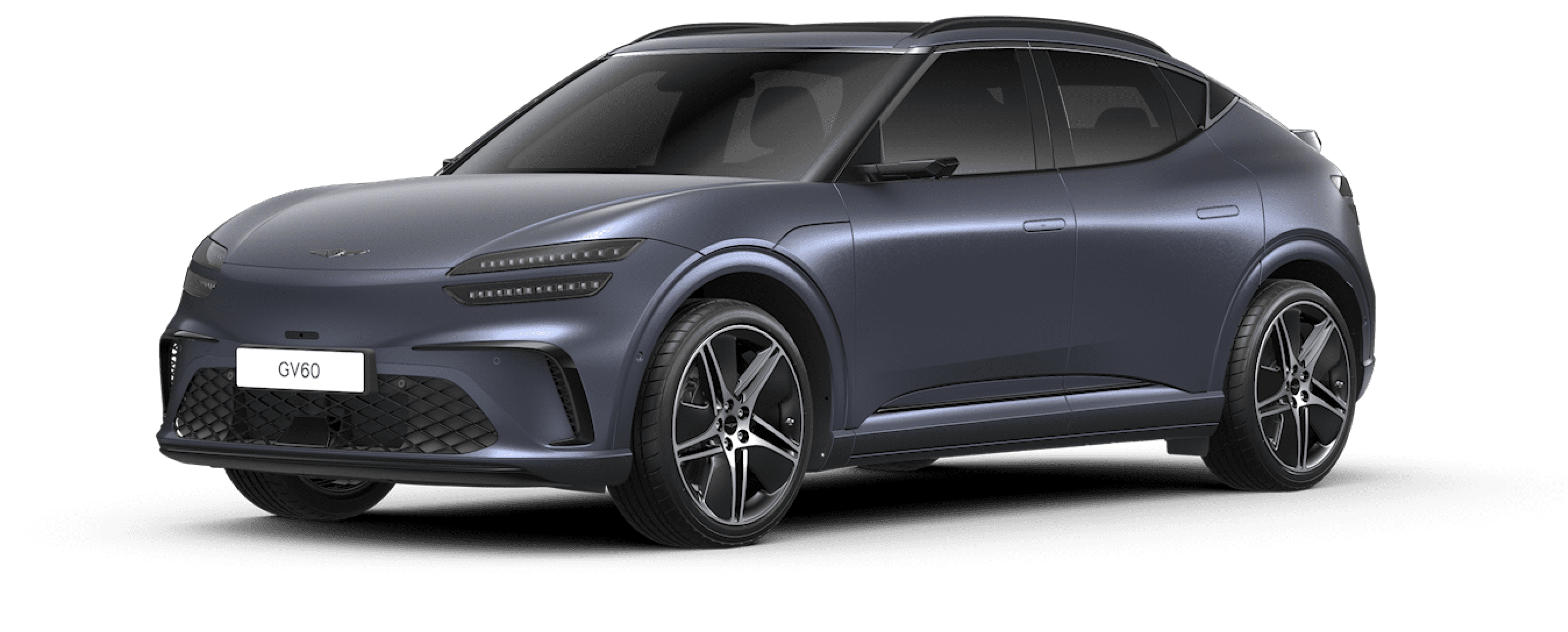 An image of the GV60's exterior design featuring the matte Ceres Blue color.