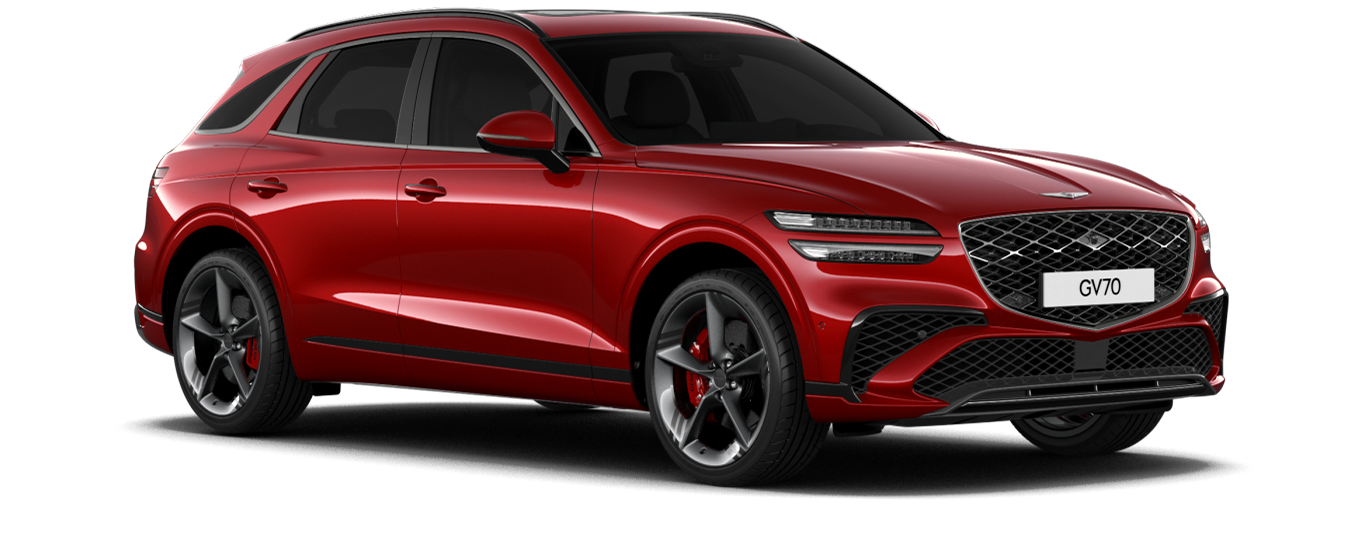 GV70 sport model in Glossy Mauna Red color.