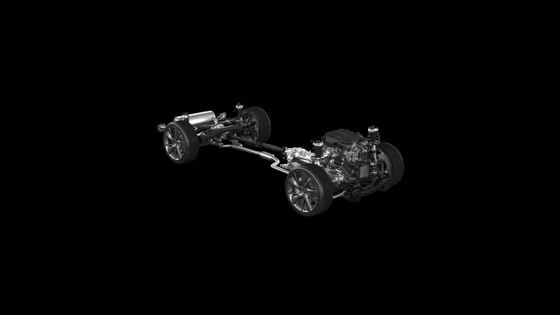 You can see the gasoline 2.5 turbo engine and all four tires.