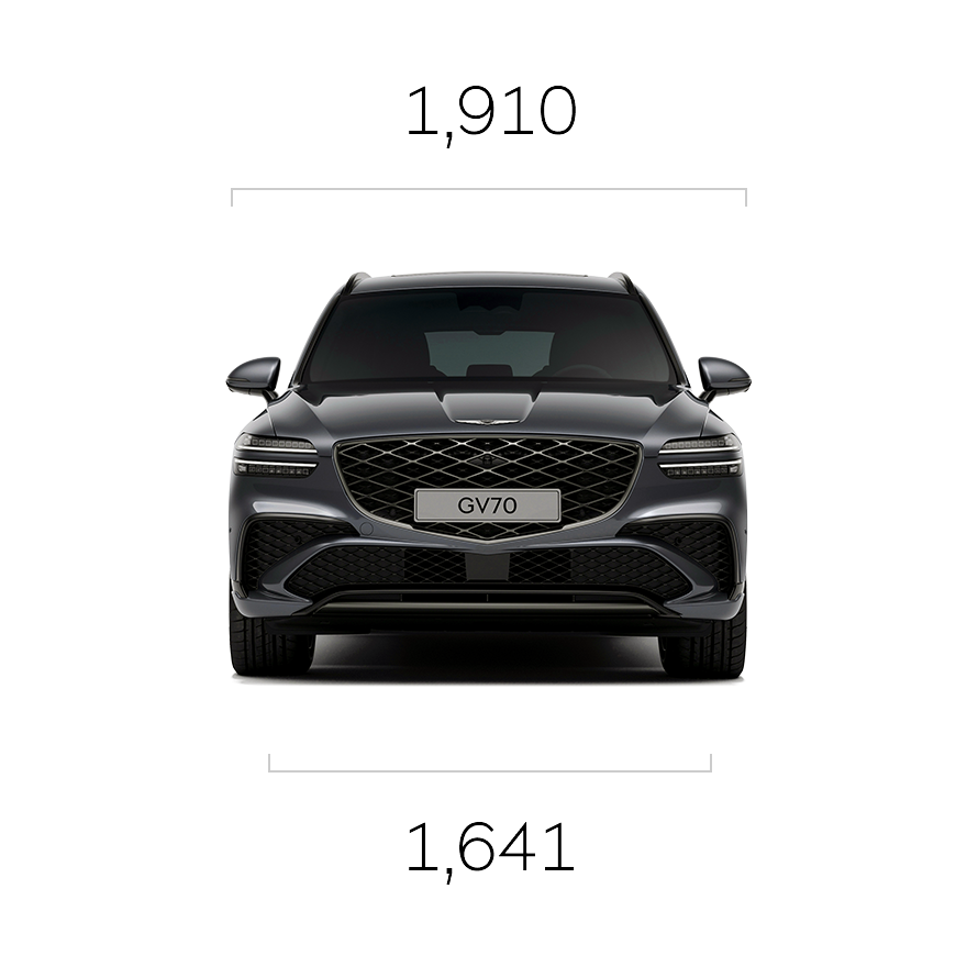 The GV70 Standard Model in Vik Black is shown from the front, side, and rear.