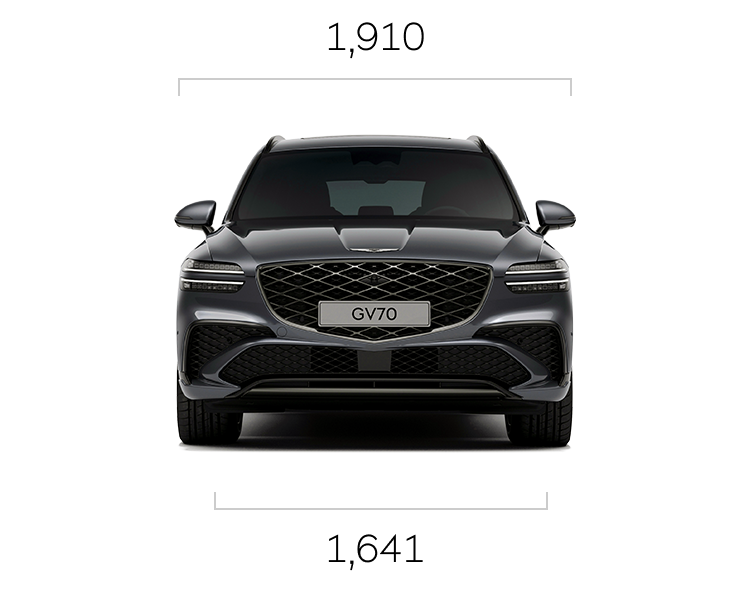 The GV70 Standard Model in Vik Black is shown from the front, side, and rear.